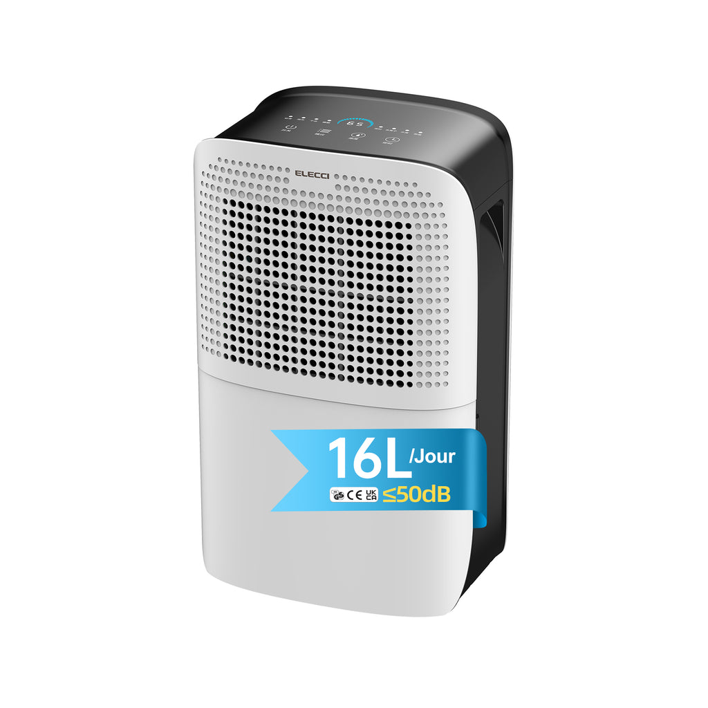 ELECCI Déshumidificateurs 16 L/j avec tuyau d’évacuation, réservoir d’eau de 3,1 L, 4 modes, réfrigérant R290, évacuation continue, dégivrage automatique, minuterie 24 h