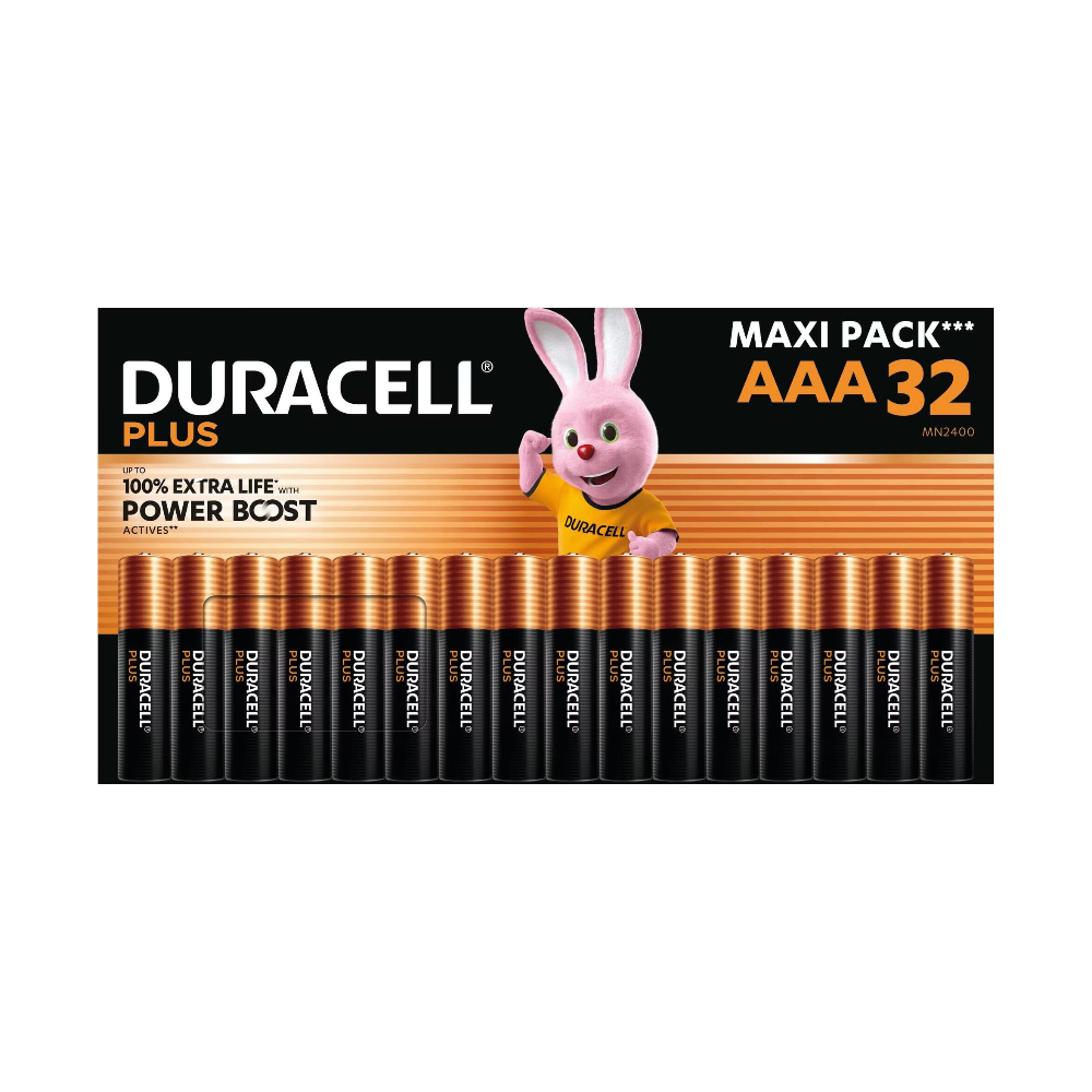 DURACELL Plus Lot de 32 piles AAA alcalines 1,5 V, durent jusqu’à 100 % plus longtemps grâce aux actifs POWER BOOST, fiables pour vos appareils du quotidien