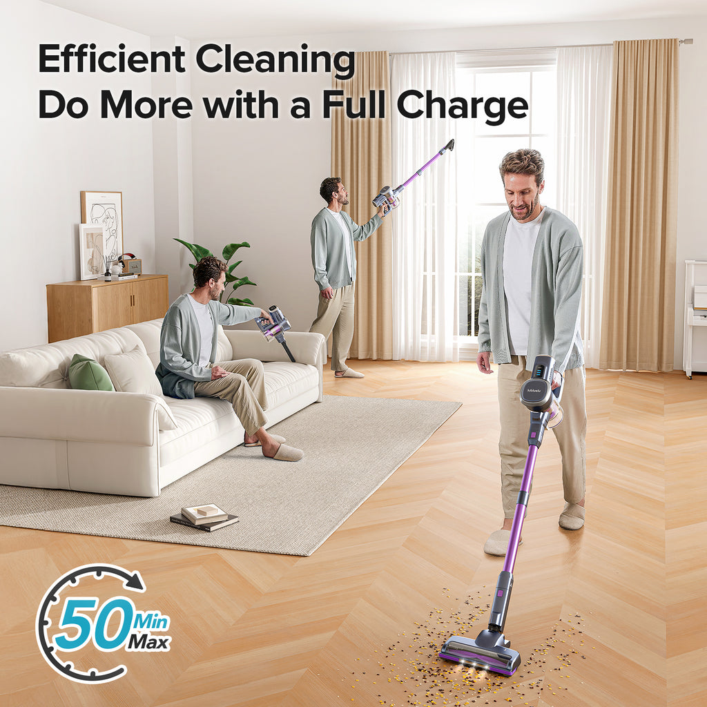 Lubluelu 202 Aspirateur balai sans fil forte aspiration, Autonomie 50 minutes, Autoportant, Batterie amovible, Pour sols durs et poils d'animaux
