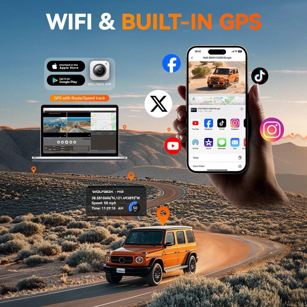 WOLFBOX M40 Caméra de rétroviseur 10 pouces, Caméra embarquée avant et arrière 4K+1080P, Caméra embarquée rétroviseur avec ADAS/BSD, Commande vocale, Carte 64 Go incluse, Wi-Fi et GPS