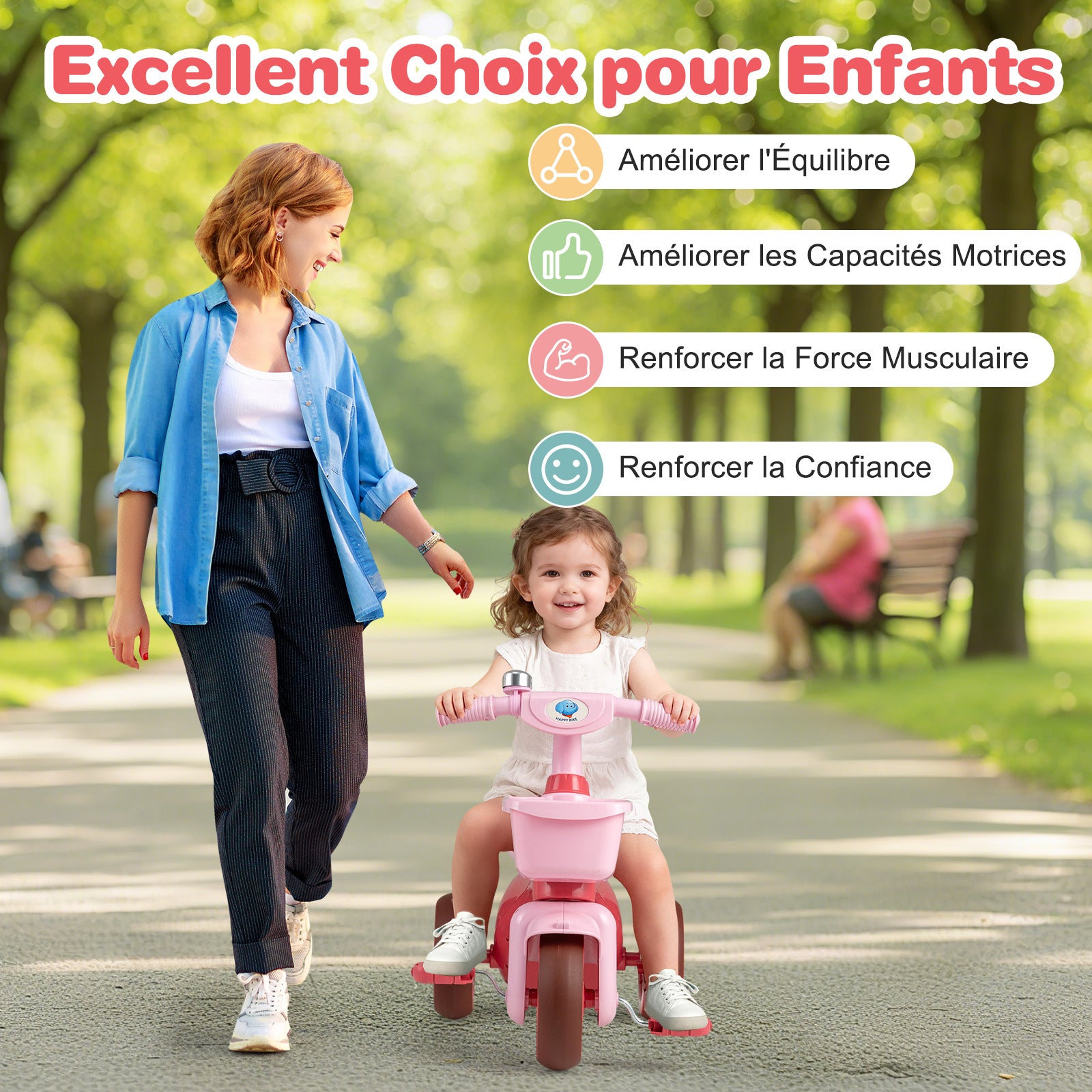 Costway Tricycle pour enfants, Limiteur de direction, Panier avant et sonnette, Rose