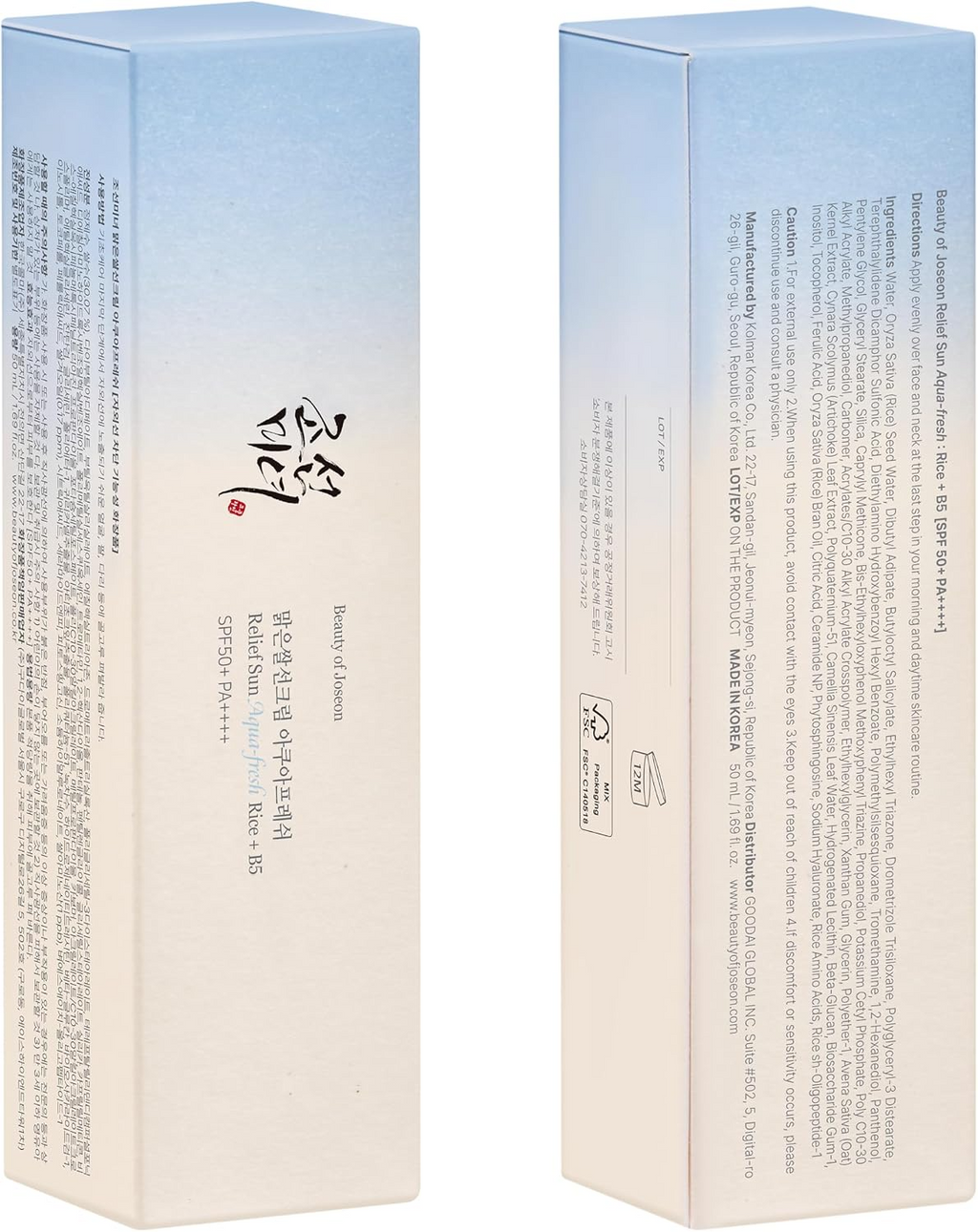 Beauty Of Joseon Sun Relief Aqua-Fresh Crème solaire au riz et vitamine B5, SPF 50+ - 50 ml