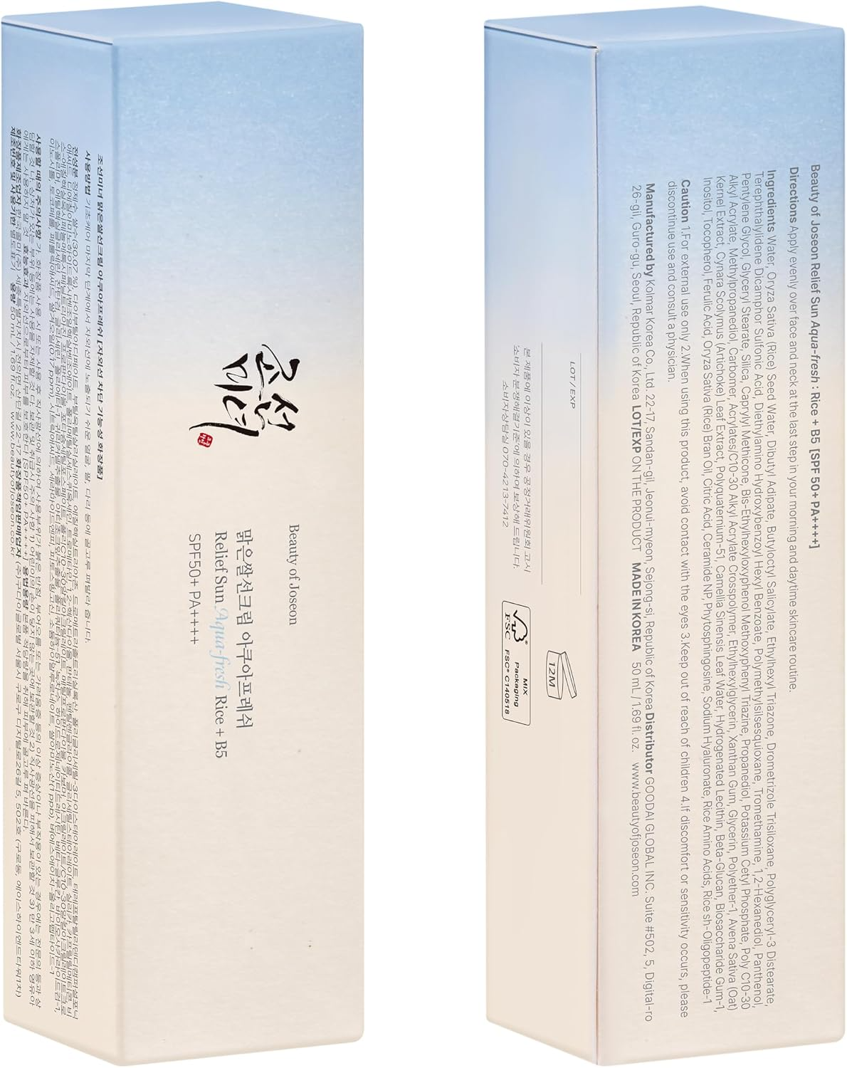 Beauty Of Joseon Sun Relief Aqua-Fresh Crème solaire au riz et vitamine B5, SPF 50+ - 50 ml
