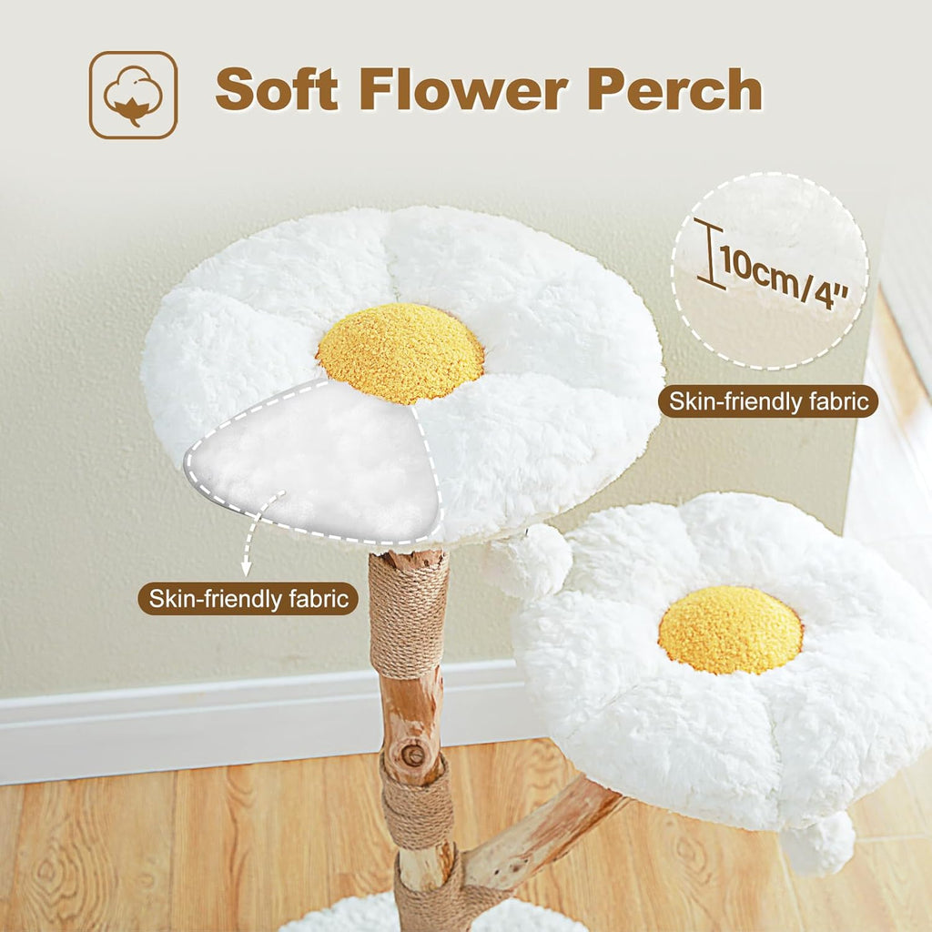 PAWZ Road Arbre à chat fleuri en bois et griffoir 50 cm Bois naturel Blanc nuage