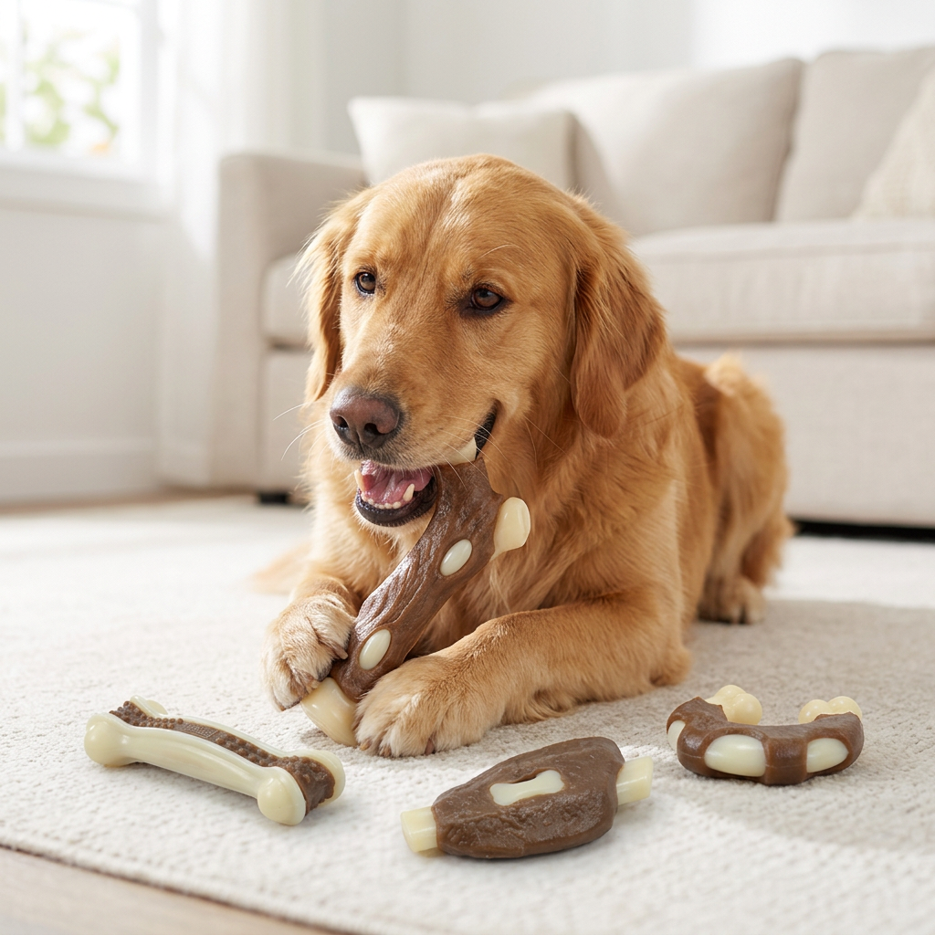 Blinkit Lot de 4 jouets à mâcher pour chien saveur viande, friandise de nettoyage des dents en cuir brut et nylon, soulage l’ennui