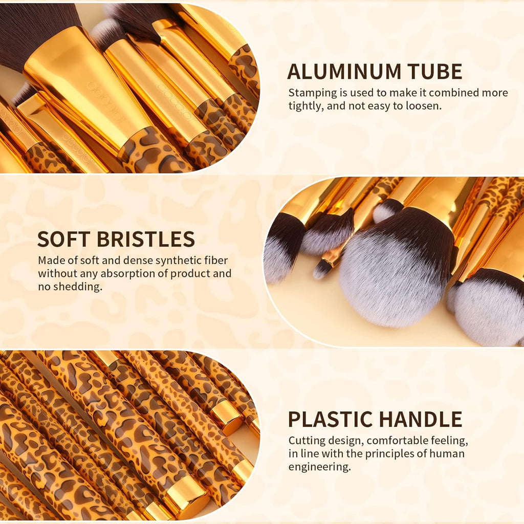 Docolor Coffret Cadeau 14 Pièces Pinceaux de Maquillage Imprimé Léopard Doré