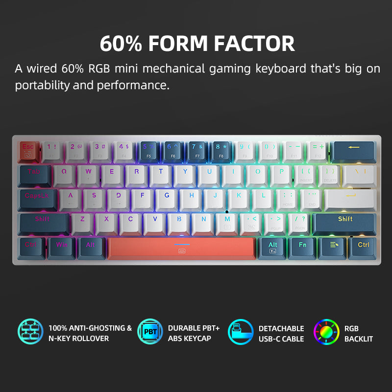 MACHENIKE K500-B61 Clavier mécanique filaire 60 % avec switchs rouges et éclairage RGB - Disposition QWERTY US