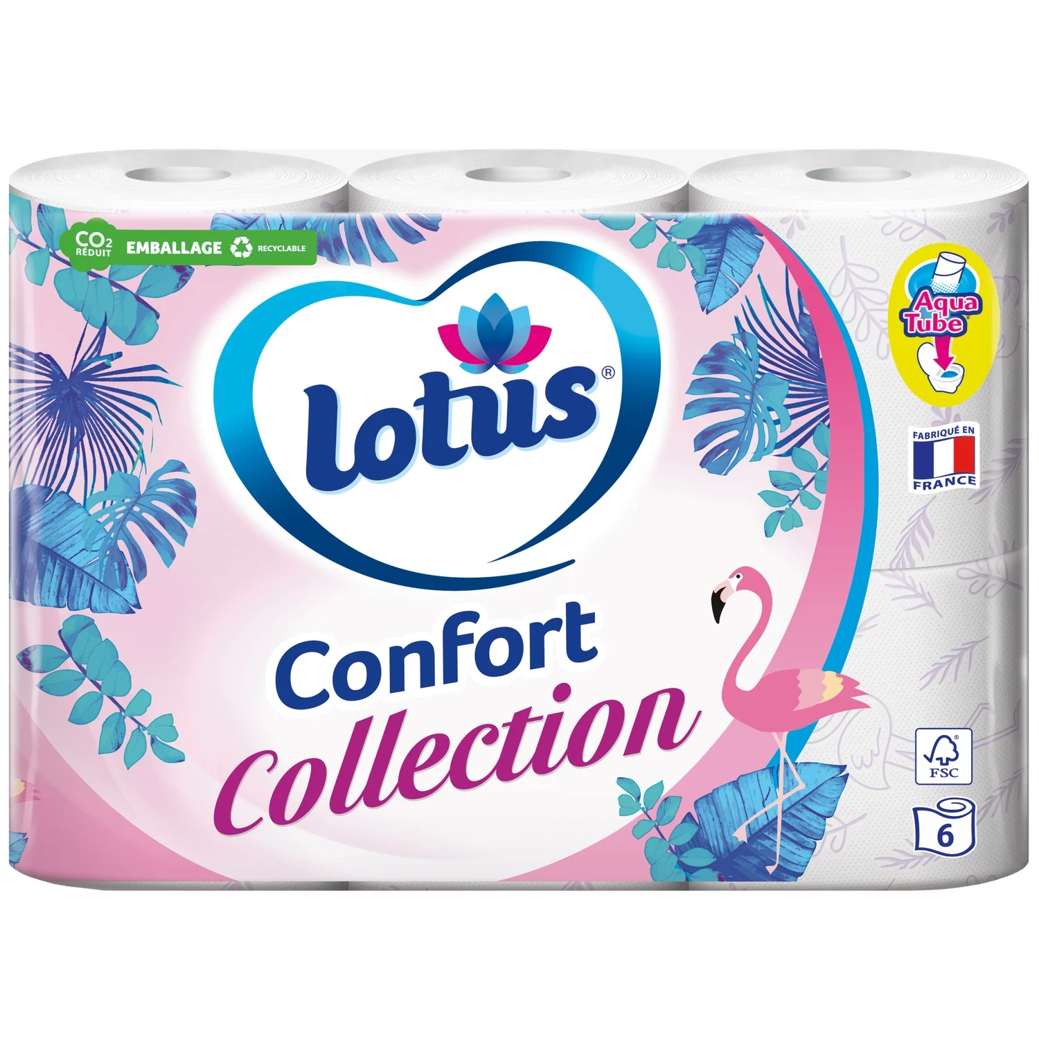 Lotus Collection Confort Papier Toilette, 2 Épaisseurs, Rouleau, Mandrin Aqua-Tube, Lot de 6