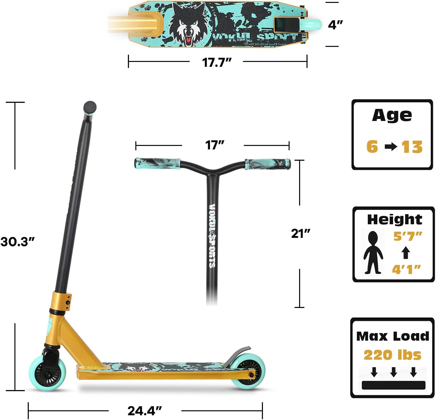 Trotinette VOKUL Pro Trick, trotinette de cascade d'entrée de gamme pour enfants à partir de 6 ans, trotinette de BMX freestyle complète en aluminium et légère pour débutants (Or)
