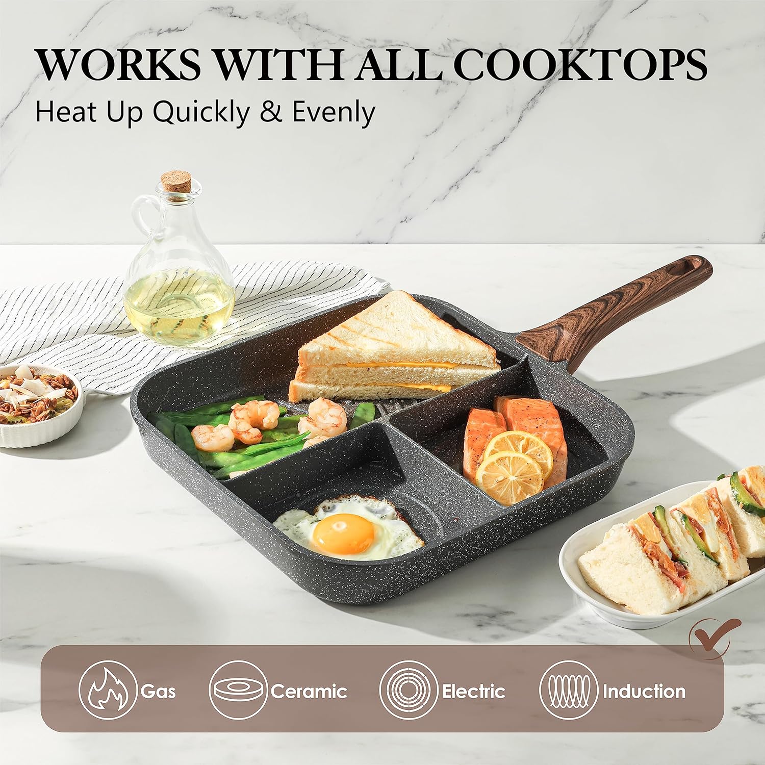 SENSARTE Poêle grillée antiadhésive à séparateurs, 3 sections, polyvalente pour petit-déjeuner, poêle grillée carrée durable, poêle gril à steak, sans PFOA, PFOS ni APEO