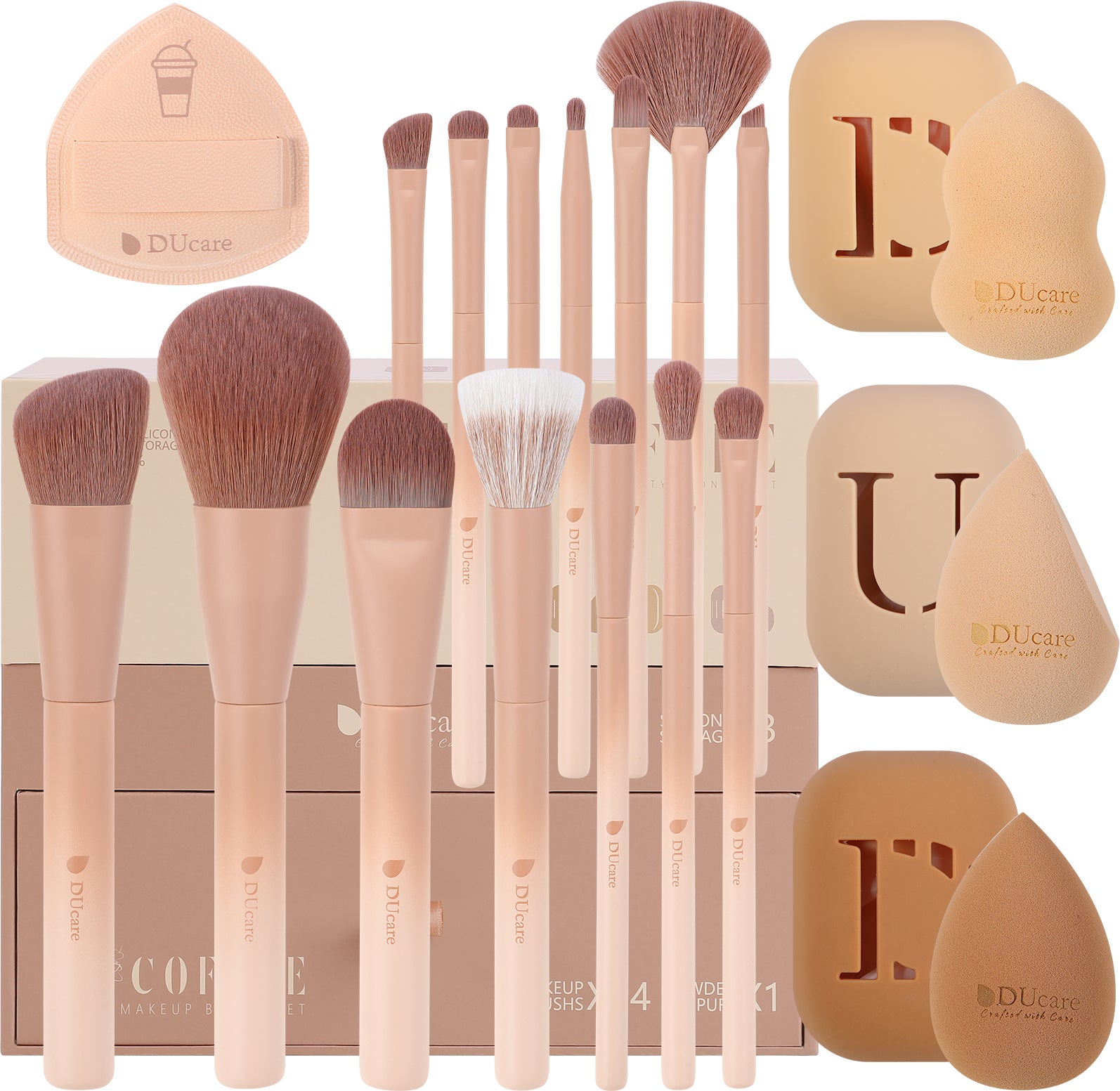 DUcare Série Café Pinceaux de Maquillage de Luxe 14 Pcs et 3 Pcs Éponges à Maquillage pour Cadeaux de Fêtes avec Élégante Boîte Cadeau