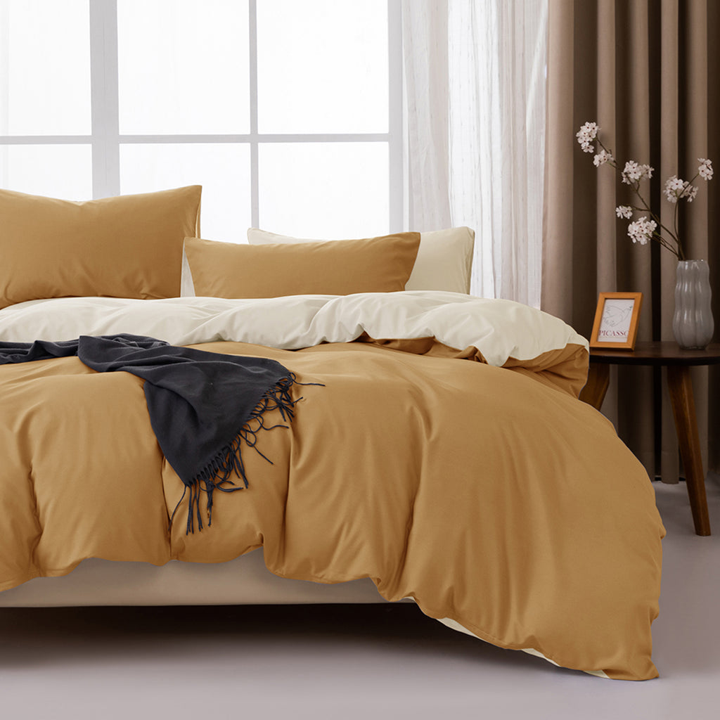MENDALE Parure de housse de couette - Parure de lit haut de gamme - Housse de couette 135 x 200 cm avec taie d'oreiller 80 x 80 cm - Microfibre douce brossée - Marron et jaune