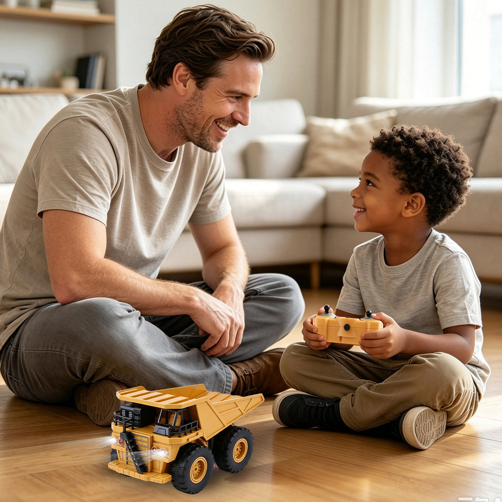 Jouet camion benne RC, Camion de mine télécommandé en plastique rechargeable avec phare LED, Plateau de chargement relevable, Jouet de véhicule d'ingénierie tout-terrain pour garçons cadeau pour enfants