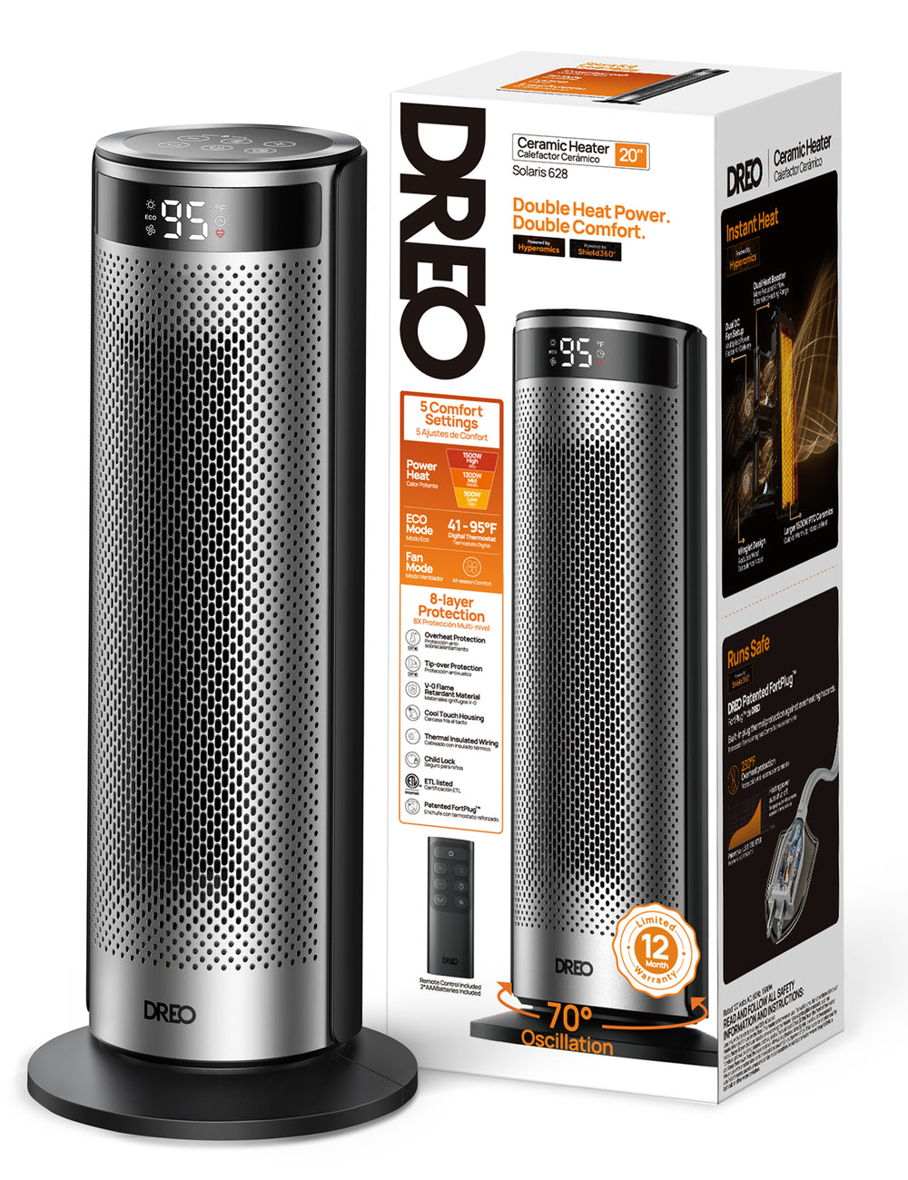 DREO radiateur soufflant économe en énergie 2000W, élément chauffant en céramique PTC, minuterie 12 heures, oscillation à 70°, télécommande, silencieux 34dB, 8 protections de sécurité, Solaris 628