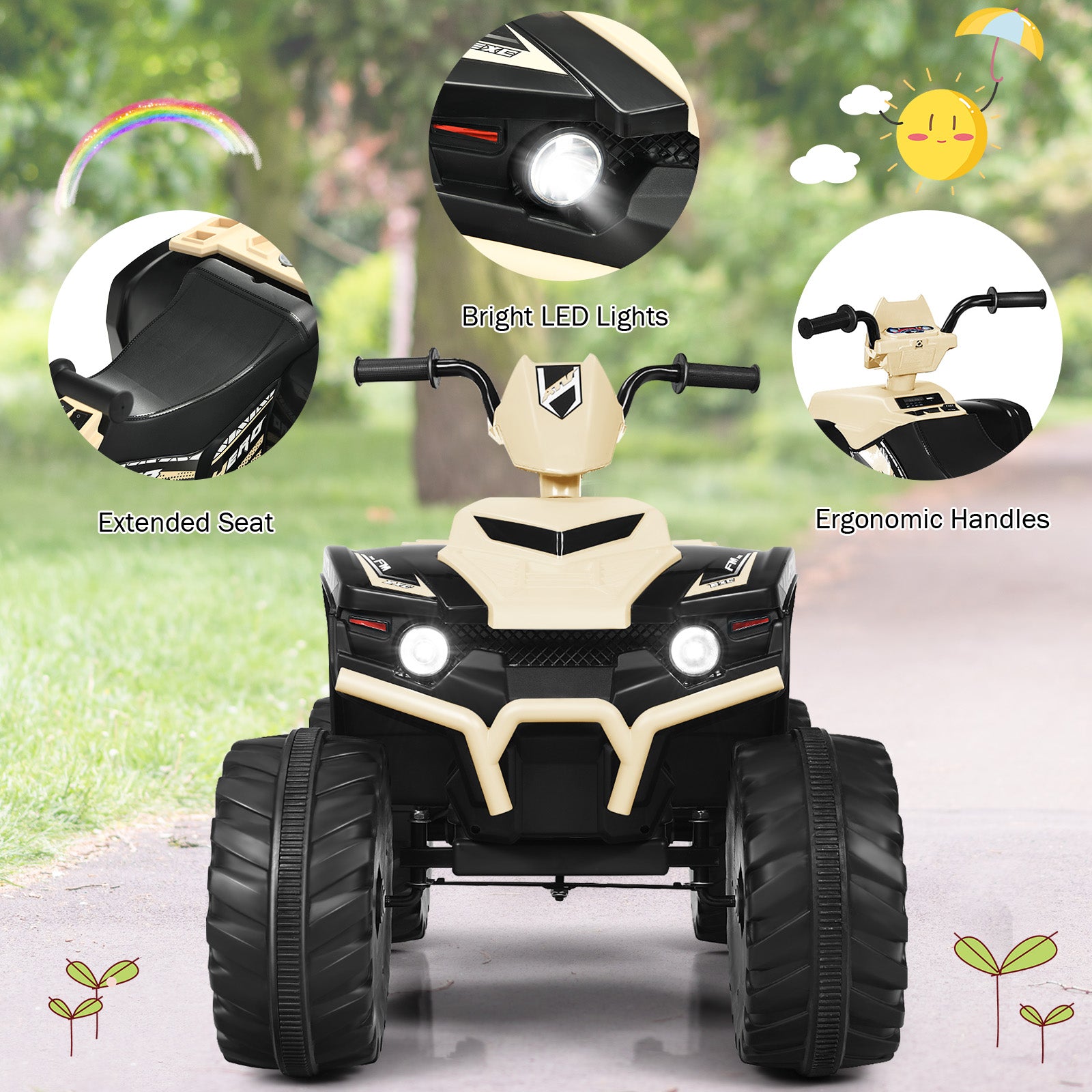 Costway Quad électrique pour enfants 12 V, avec musique et lumières LED, alimenté par batterie, siège confortable, 104 × 67 × 74 cm, Jaune terre
