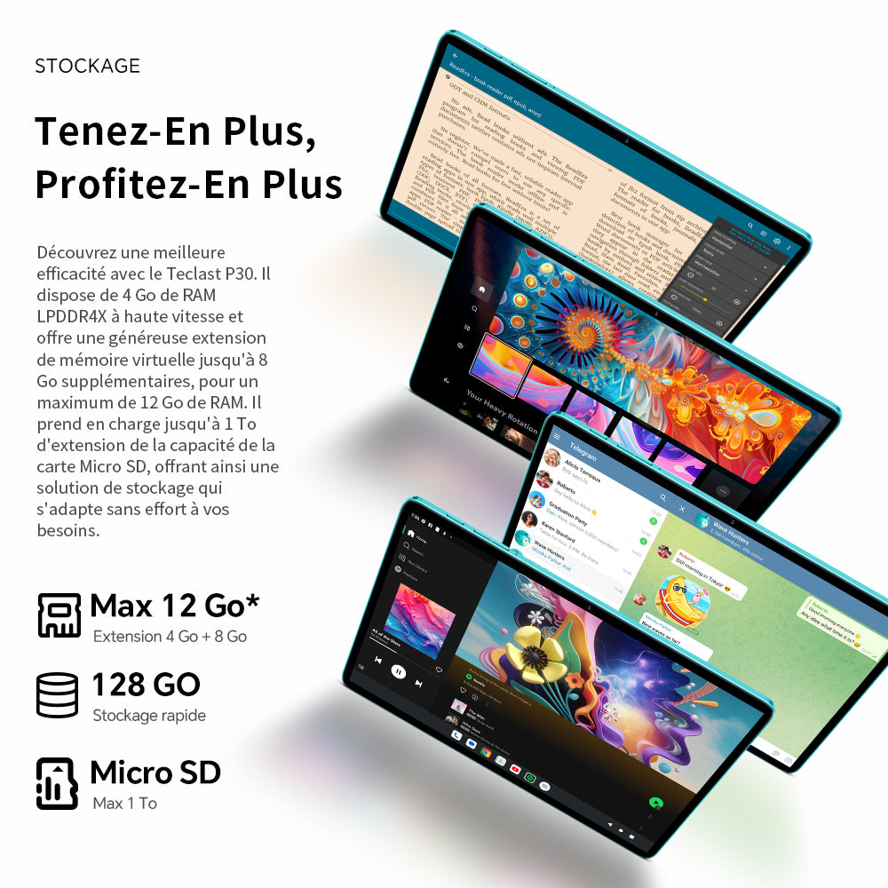 TECLAST P30 Tablette 10,1 pouces, processeur Unisoc T7200 octocœur, 4 Go + 8 Go RAM étendue, stockage 128 Go, extension carte TF 1 To, écran IPS 1280 x 800, Wi-Fi double bande, 6000 mAh