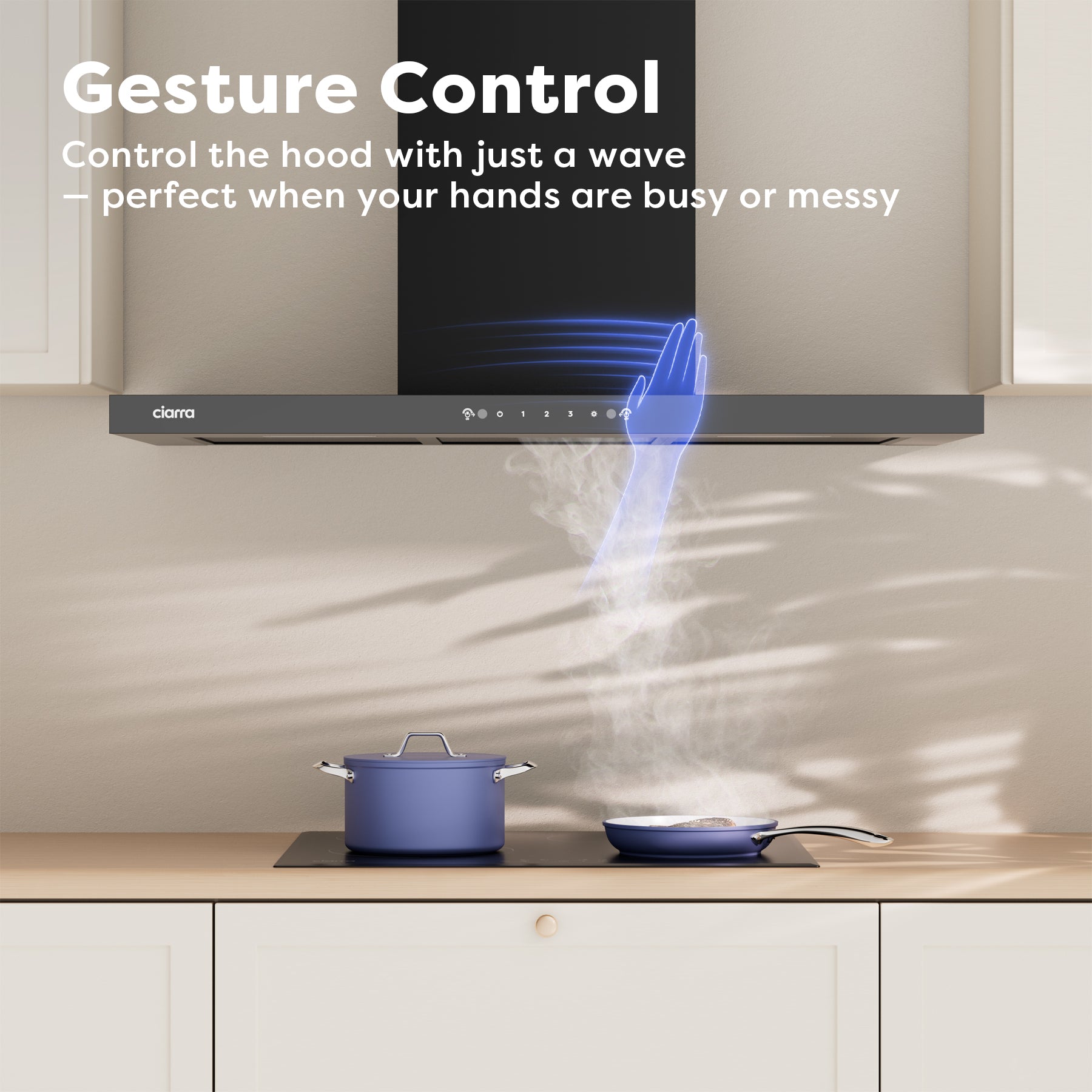 CIARRA Hotte aspirante murale 90 cm, Design panneau ultra-fin 40 mm en verre noir, Commandes gestuelle et tactile, 650 m³/h, Classe énergétique A+++, Évacuation et recyclage CRGCB9102-SLIM