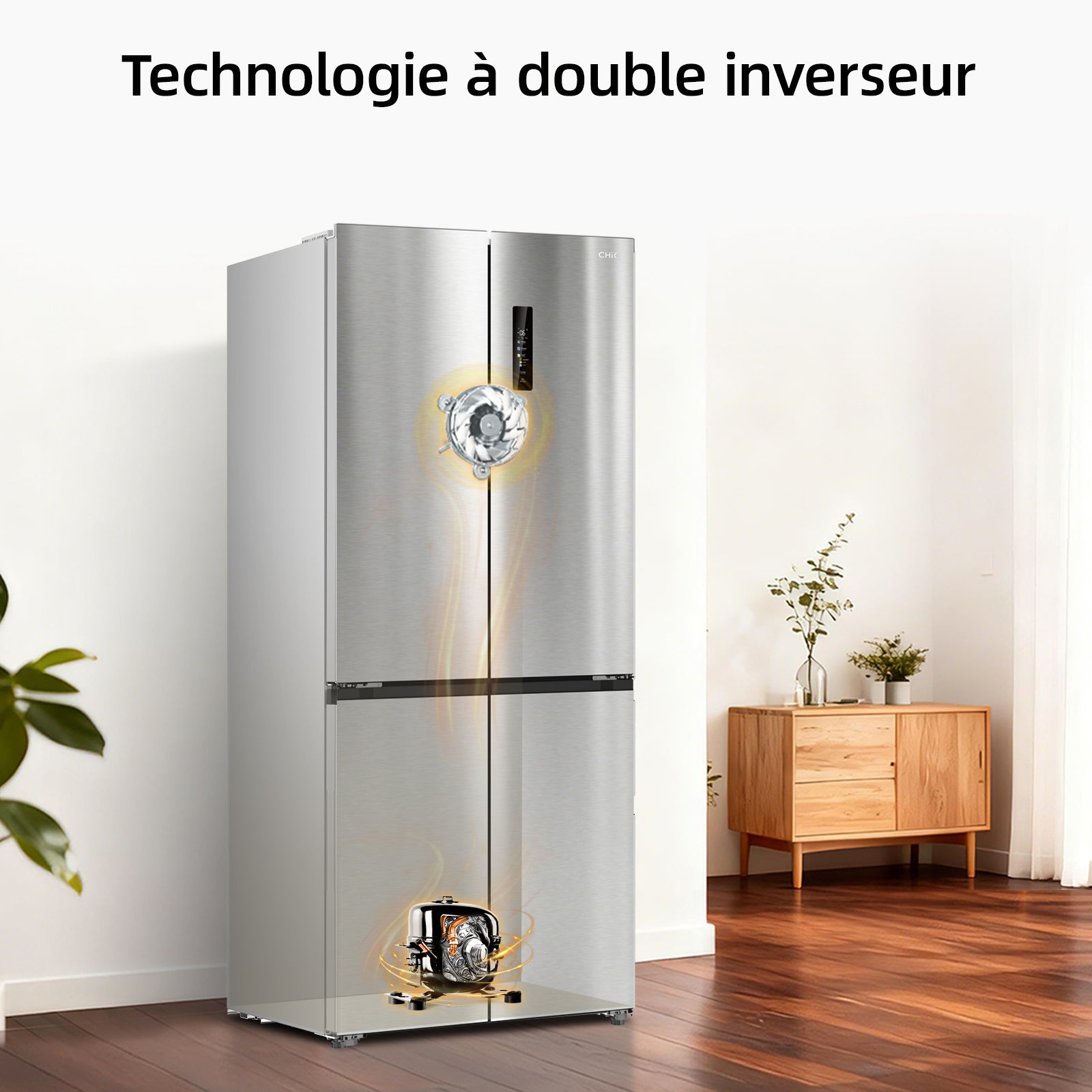 CHiQ Réfrigérateur à portes croisées 458 L, Design encastrable affleurant KITFIT, 191 cm H, Zone Care+ et contrôle de l’humidité, Inverter intelligent, Acier argenté élégant (JR460WSE)