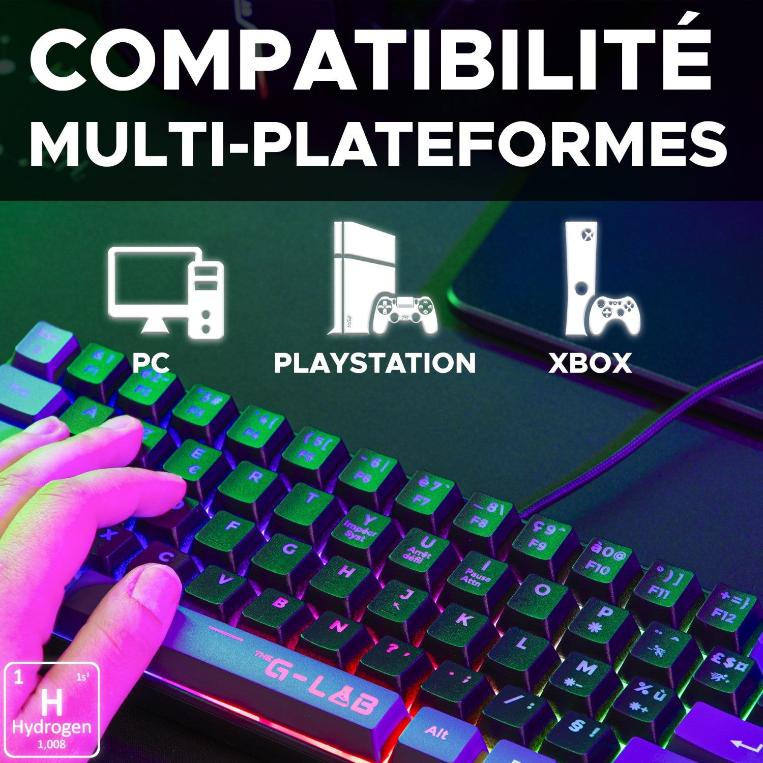 THE G-LAB Keyz Hydrogen Clavier Gaming Semi-mécanique Filaire RGB 60 % - AZERTY - Noir/Gris