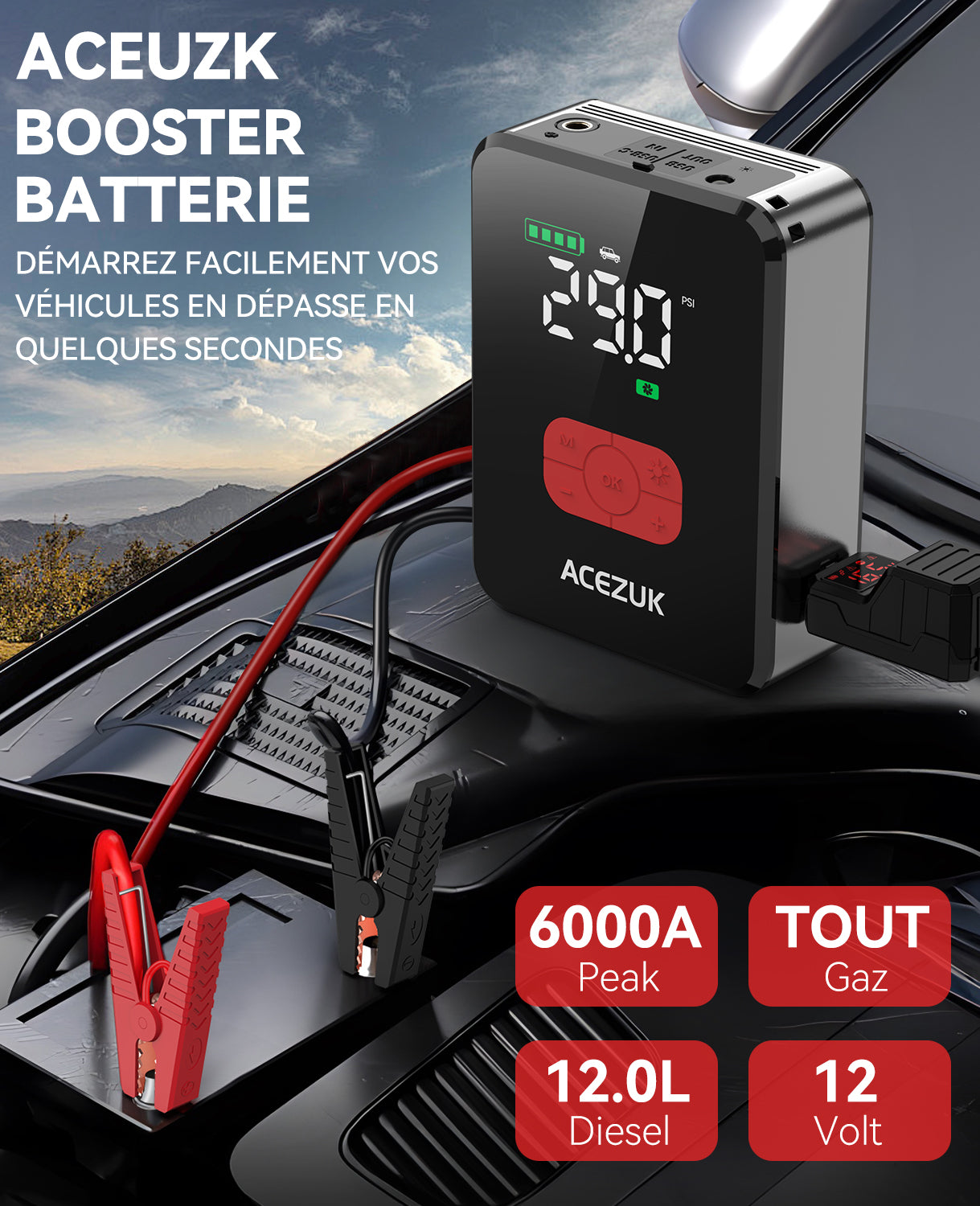 ACEZUK M06 Booster de batterie 7000 A avec batterie externe, pour voitures tout essence et diesel 12 L, avec compresseur d’air 150 PSI, 12 V, câbles de démarrage et éclairage LED