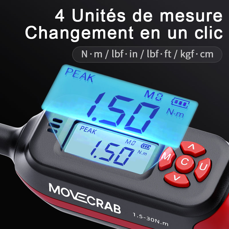 Clé dynamométrique numérique Movecrab, plage de 4,2 à 85 Nm, avec cliquet bidirectionnel, précision de ±2 %, alerte par vibration et voyant LED.