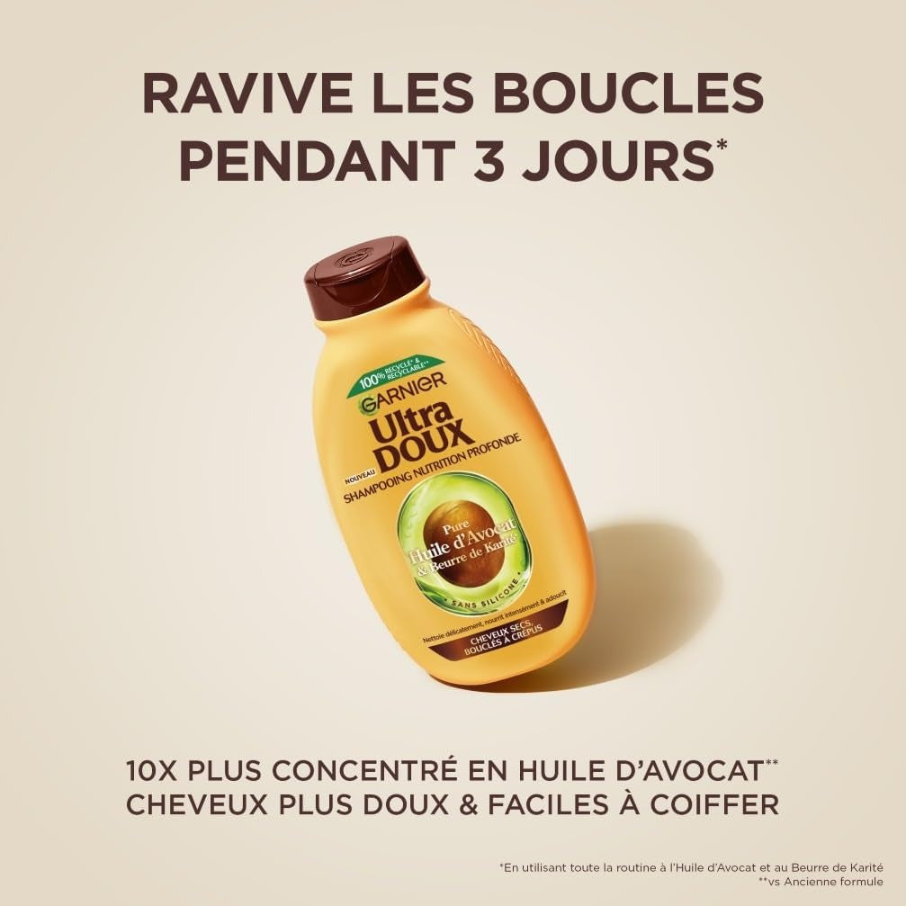 ULTRA DOUX Shampooing Nutrition Intense pour Cheveux Bouclés et Frisés à l'Huile d'Avocat et au Beurre de Karité - 300 ml