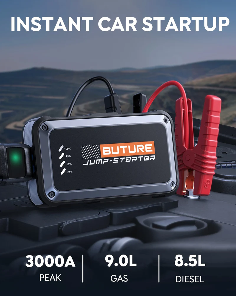 BUTURE Beta08 Démarreur de batterie portable 3000A – Démarreur de batterie 3 en 1 pour véhicules 12 V (jusqu'à 9,0 L essence / 8,5 L diesel), batterie externe 16 800 mAh