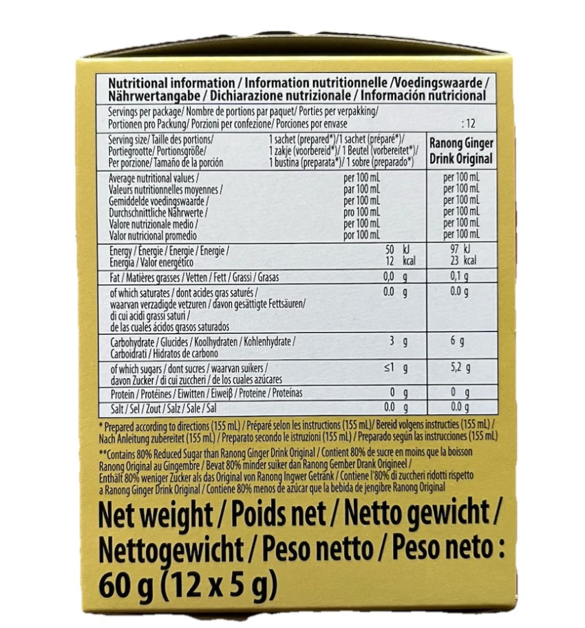 Ranong Tea Boisson instantanée au gingembre Ginfresh, 80 % de réduction de sucre - 60 g