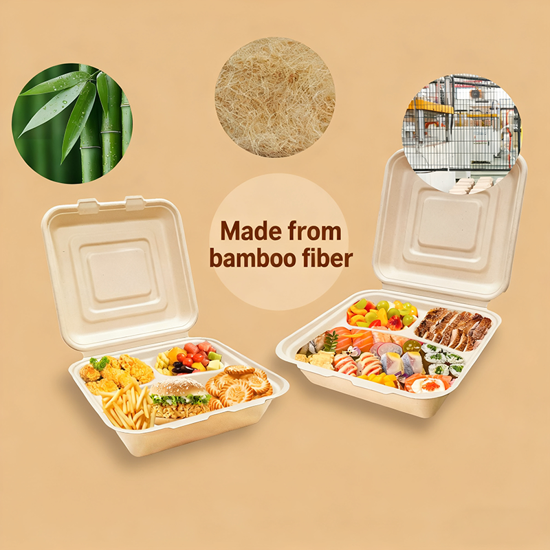 Rui bamboo Boîte coquille jetable en fibre de bambou 9 pouces 3 compartiments Lot de 50