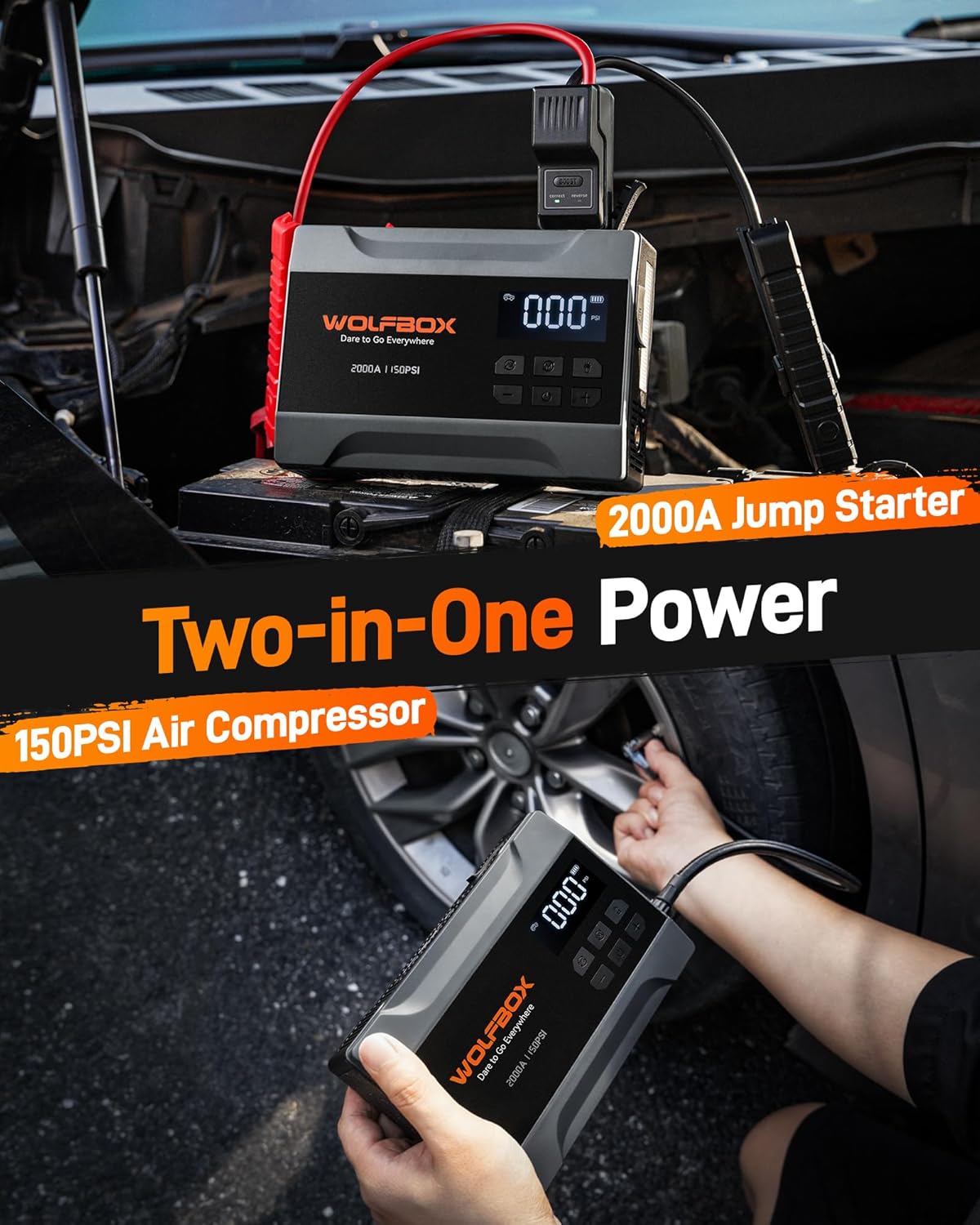 WOLFBOX Booster de démarrage 2000 A avec compresseur d’air, Booster de batterie de voiture portable 37 Wh (jusqu’à moteur essence 5 L) avec gonfleur de pneus 150 PSI