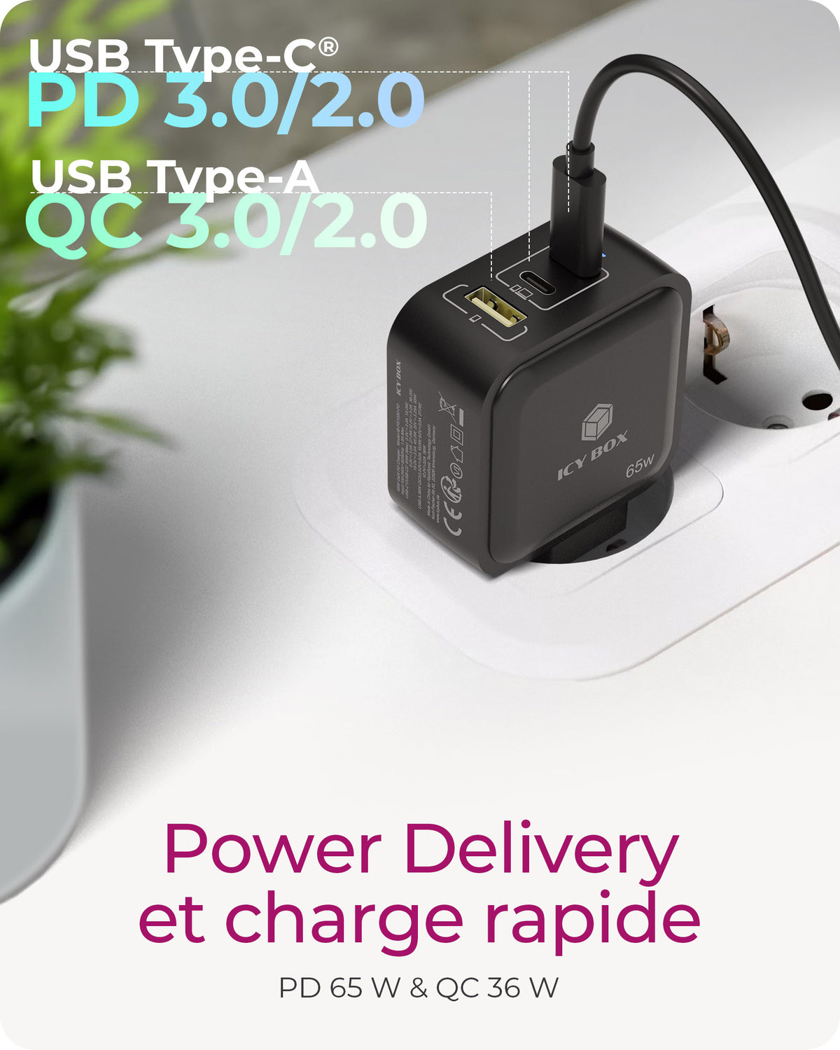 Chargeur Secteur Universel IB-PS1030-PD Charge Rapide, 3 Ports (2x USB-C, 1x USB 2.0), Noir