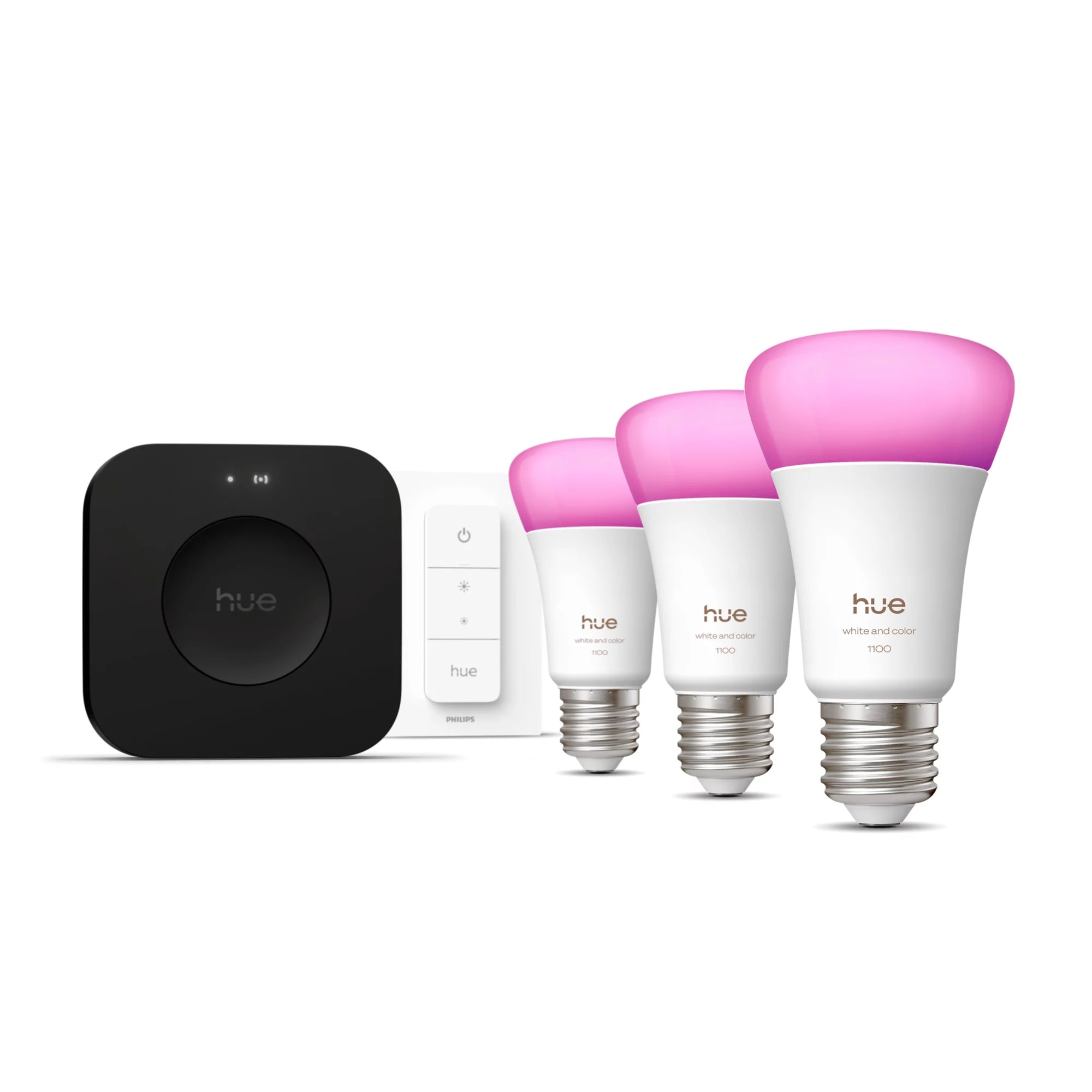 Philips Hue White and Color ambiance Kit de démarrage : trois ampoules connectées E27 + Dimmer Switch + Hue Bridge Pro