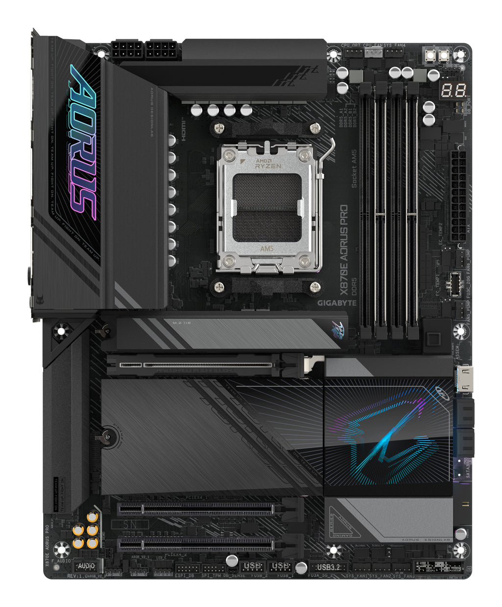 GIGABYTE X870E AORUS PRO Carte Mère - Prend en charge les processeurs AMD Ryzen 9000, 16+2+2 phases VRM numérique, jusqu'à 8000MHz DDR5 (OC), 3xPCIe 5.0 + 1xPCIe 4.0, Wi-Fi 7, LAN 2.5GbE, USB 4