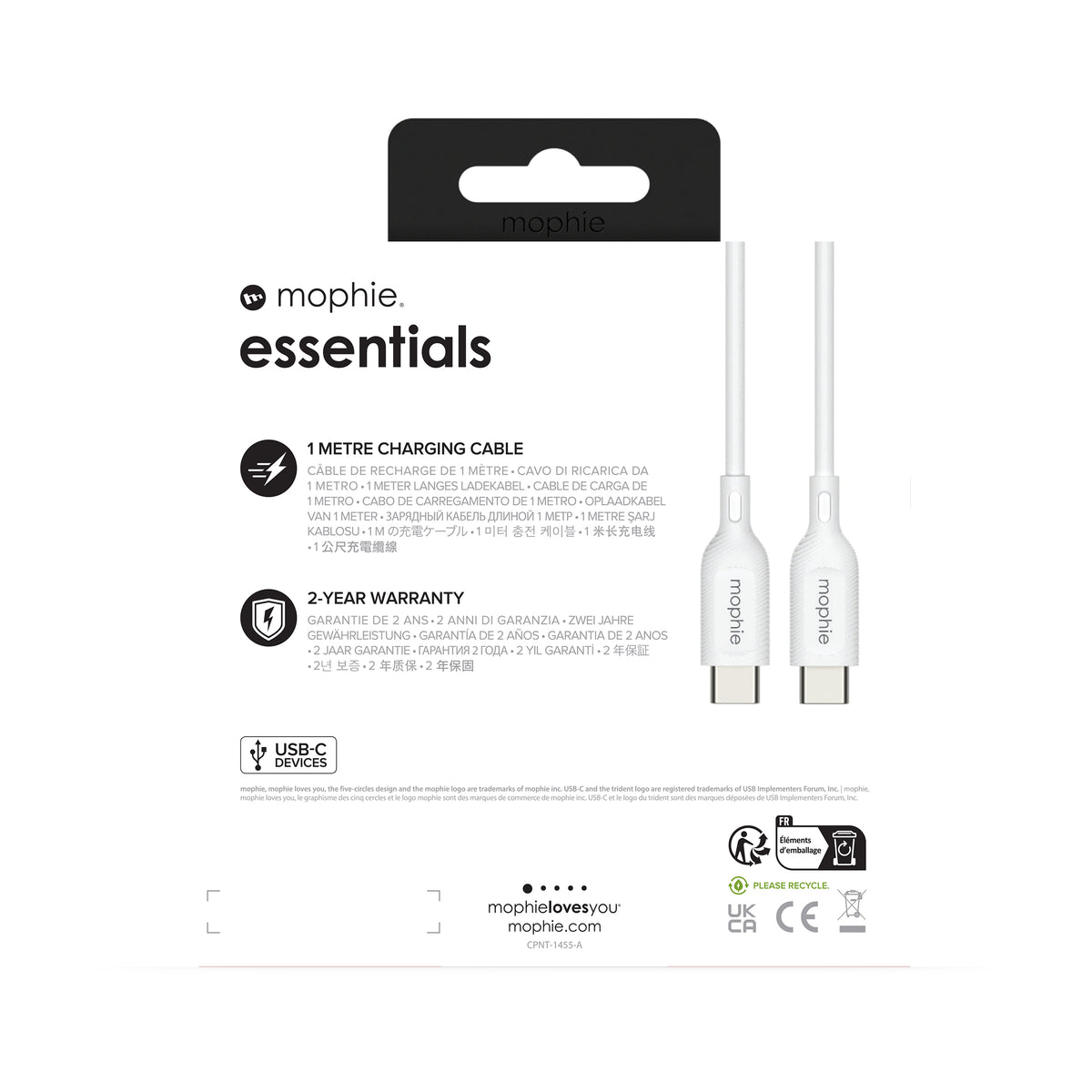 mophie Essentials Câble de Charge USB-C vers USB-C, 1m, Blanc