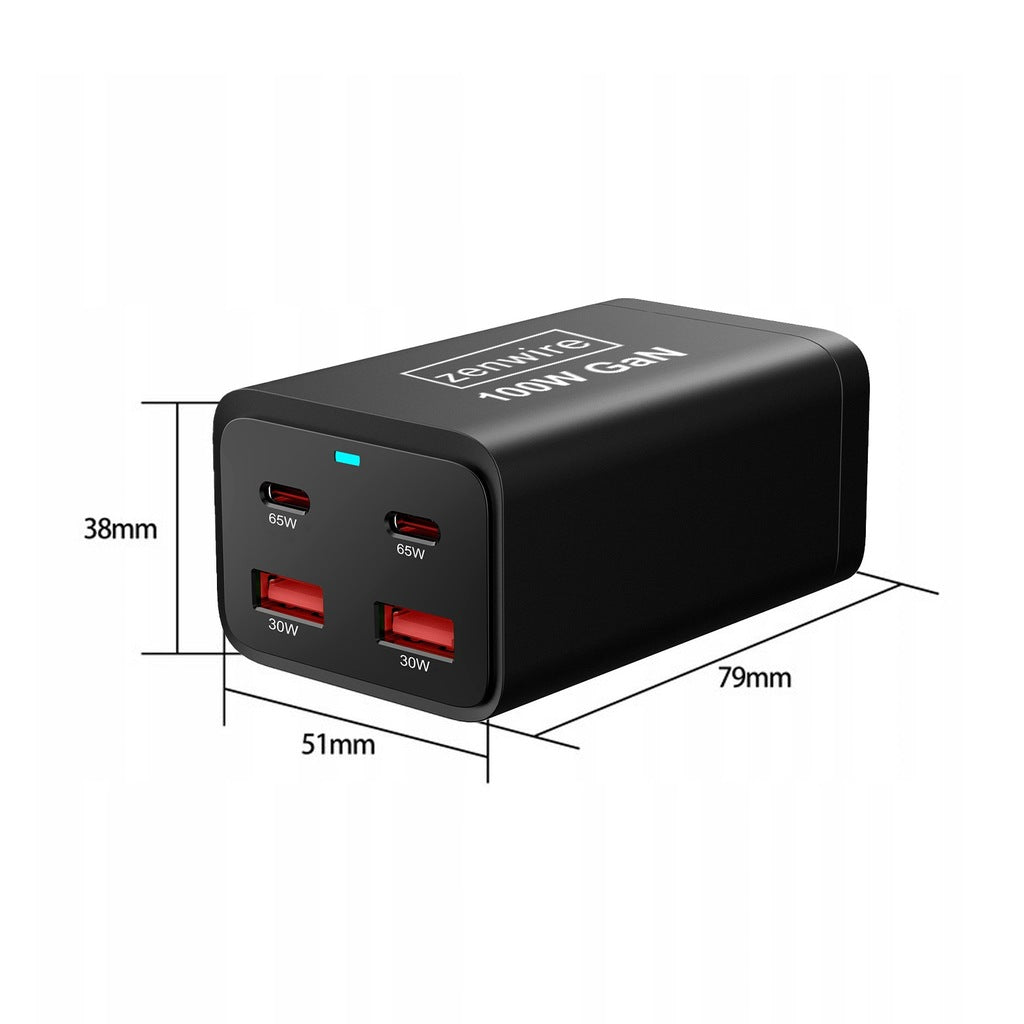 Chargeur secteur, bloc d'alimentation 100 W, adaptateur GaN III, câble secteur, 2 ports USB-C 65 W, 2 ports USB-A, Zenwire YMS-608