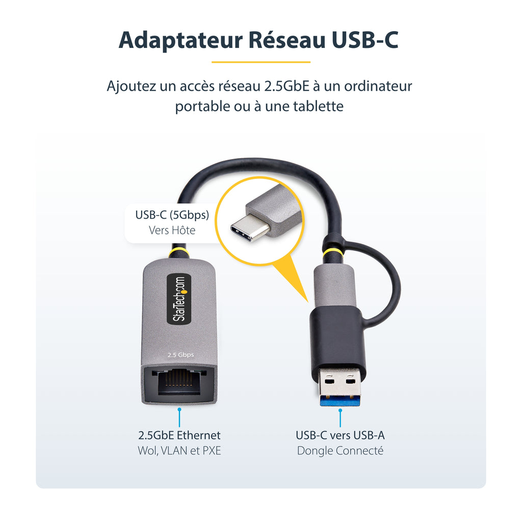 StarTech.com Adaptateur 2.5GbE USB-C vers Ethernet avec Convertisseur USB-A, NBASE-T NIC, USB 3.0 Type-C 2.5/1G Réseau Multi Speed, Compatible Thunderbolt, Windows &amp; Mac