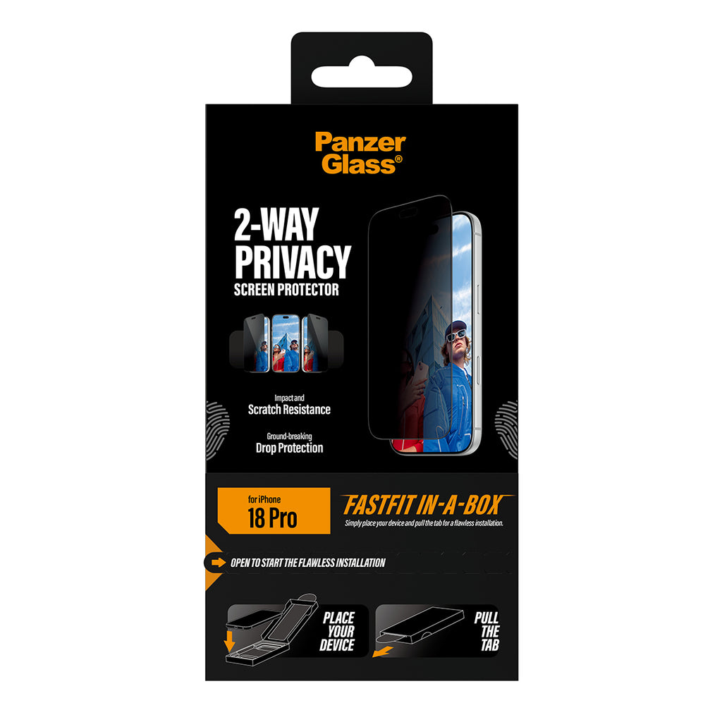 PanzerGlass ® 2-Way Privacy Screen Protector iPhone 2026 Pro | Ultra-Wide Fit w. FASTFIT IN-A-BOX Protection d'écran tra