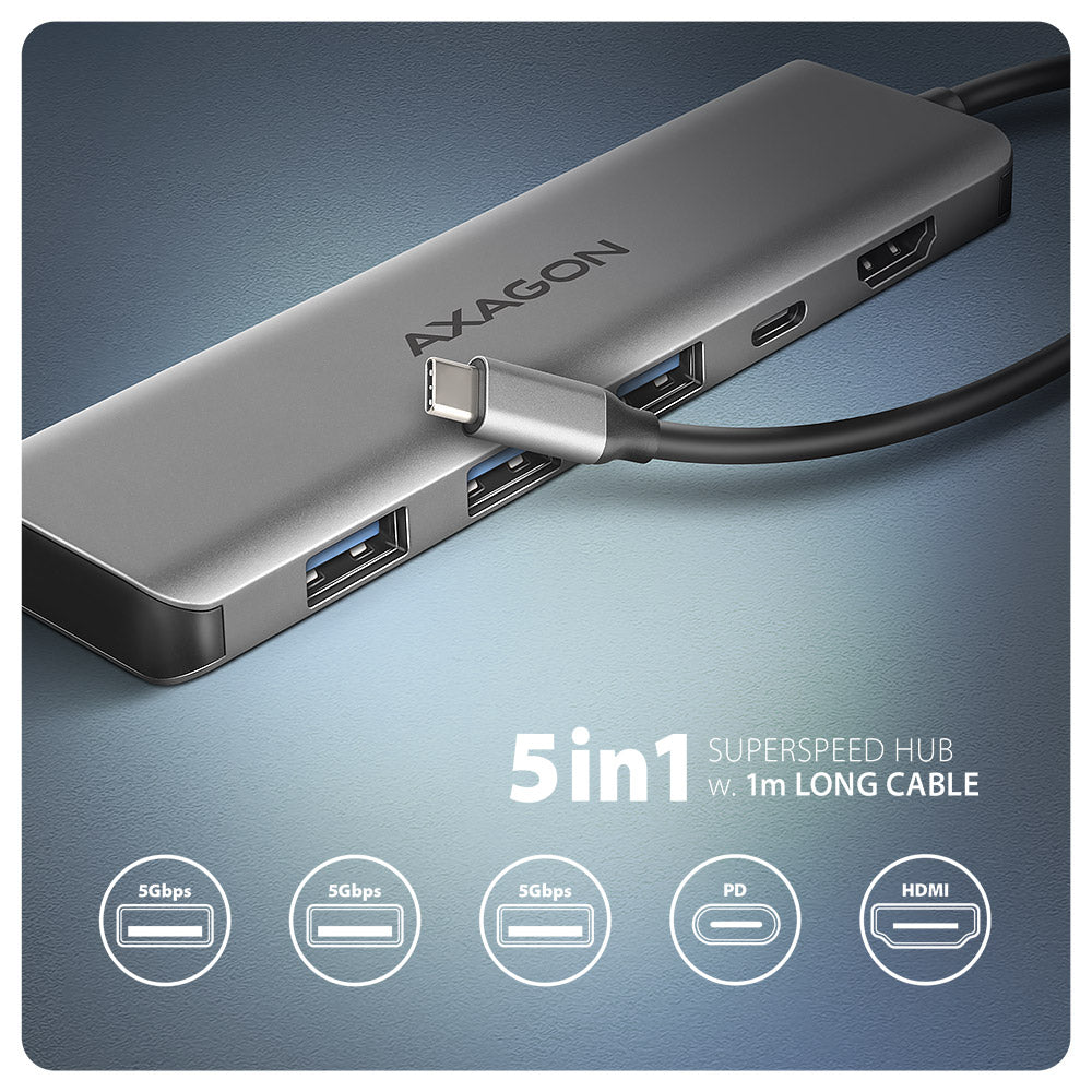 Axagon HMC-5H USB-C 3.2 Gen 1 hub 3x USB-A 4K HDMI PD 100W - Silber Avec fil USB 3.2 Gen 1 (3.1 Gen 1) Type-C Argent