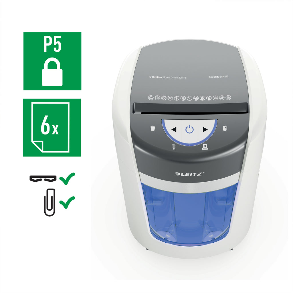 Leitz IQ OptiMax Home Office 225 destructeur de papier Découpage par micro-broyage 58 dB Gris, Blanc