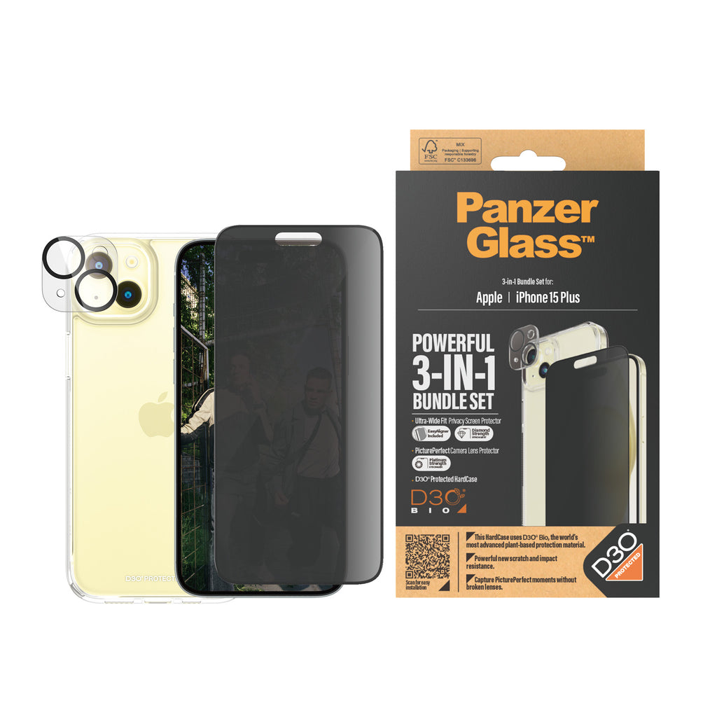 PanzerGlass Bundle 3-en-1 Privacy pour iPhone 15 Plus, Protection d'Écran en Verre Trempé Transparent
