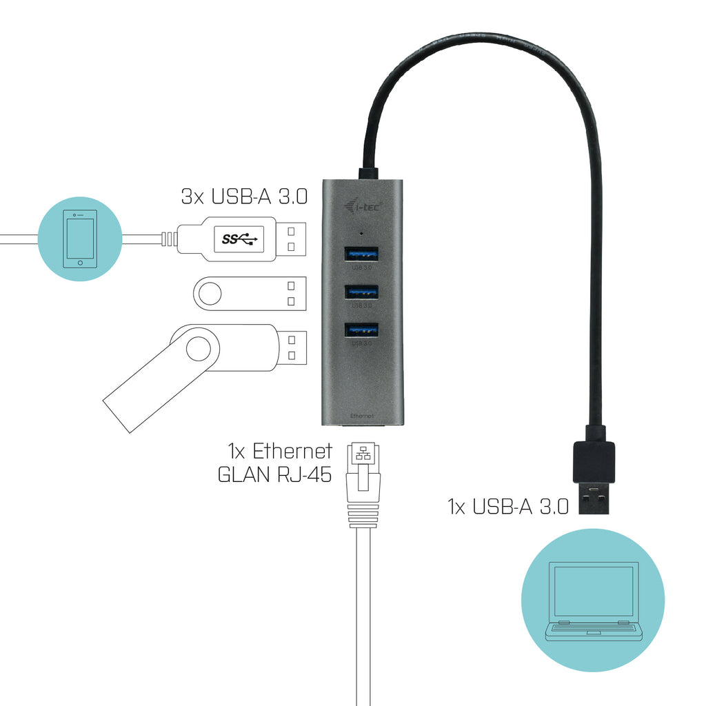 Hub USB 3.0 en Métal avec 3 Ports et Adaptateur Gigabit Ethernet