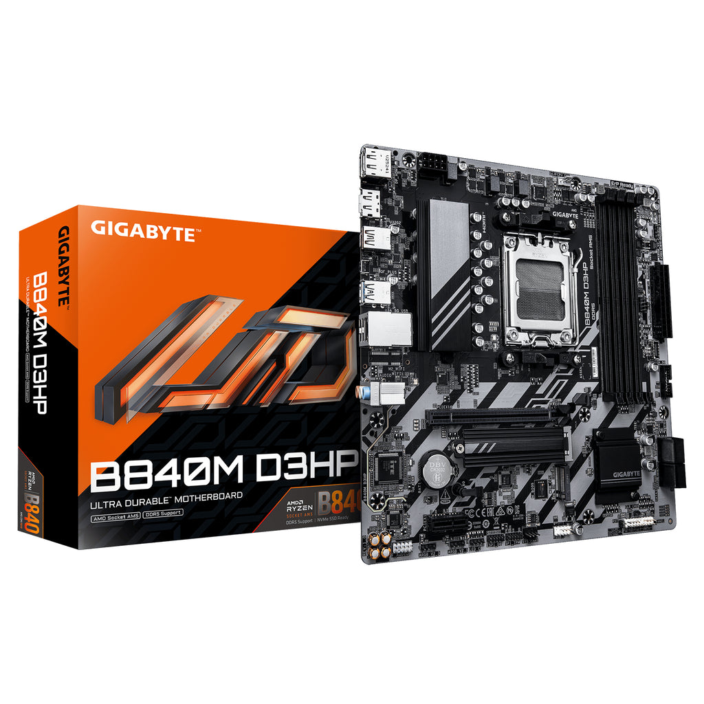 GIGABYTE B840M D3HP Carte Mère – Processeurs AMD Ryzen 9000, VRM 8+2+2 phases, jusqu’à 8200 MHz DDR5 (O.C.), 2× M.2 PCIe