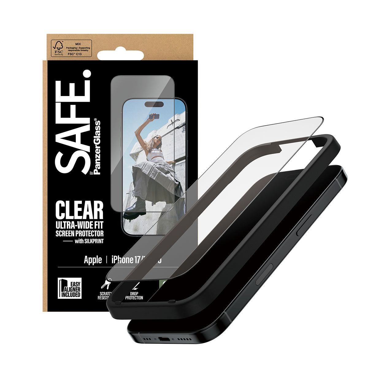 PanzerGlass SAFE. by ® Screen Protector w. Black Frame iPhone 17 | 16 Pro | Ultra-Wide Fit w. EasyAligner Protection d'écran transparent Apple 1 pièce(s)