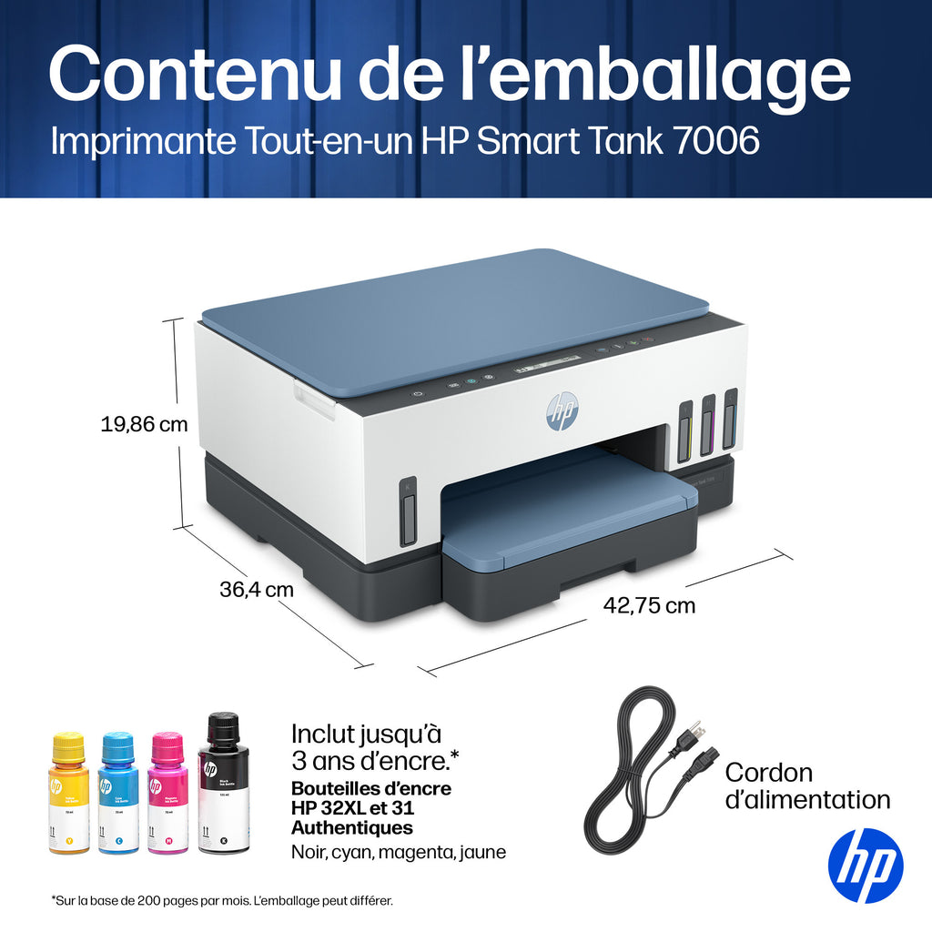 HP Smart Tank 7006 Sans fil All-in-One Couleur Imprimante, Impression recto-verso; copieur, scanner