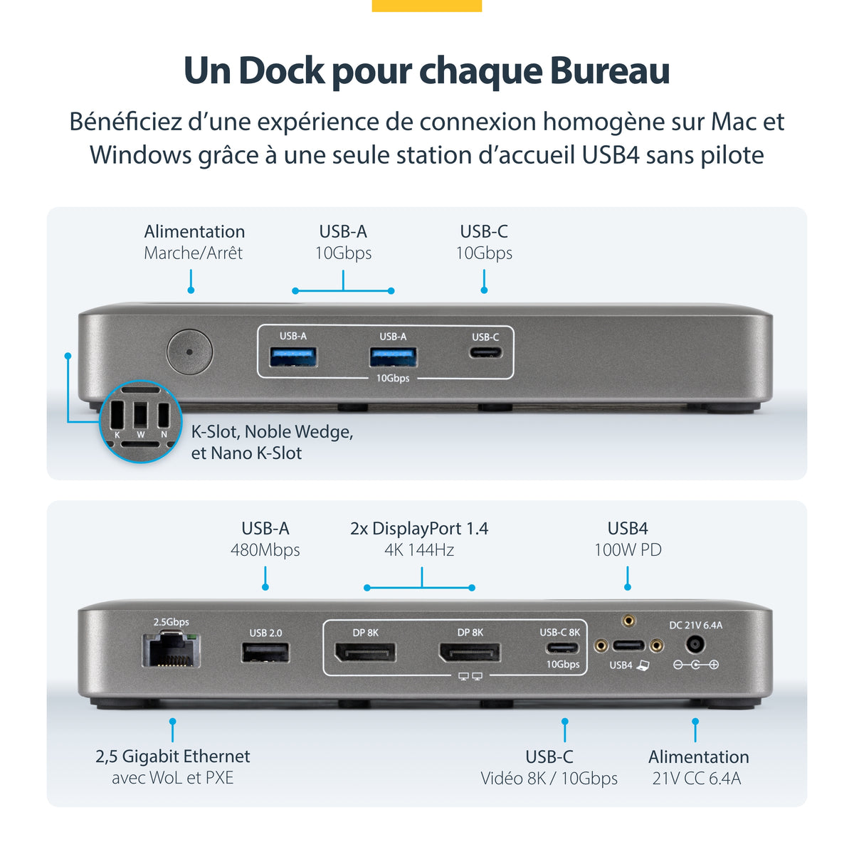 StarTech.com Station d'Accueil USB4 Double Sortie 4K, Chargeur 100W et 2,5GbE pour macOS et Windows