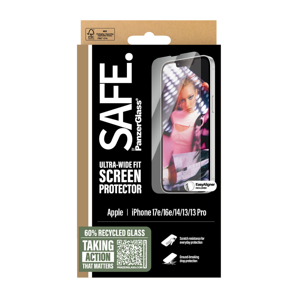 PanzerGlass SAFE. by ® Screen Protector iPhone 17e | 16e | 14 | 13 | 13 Pro | Ultra-Wide Fit w. EasyAligner Protection d'écran transparent Apple 1 pièce(s)