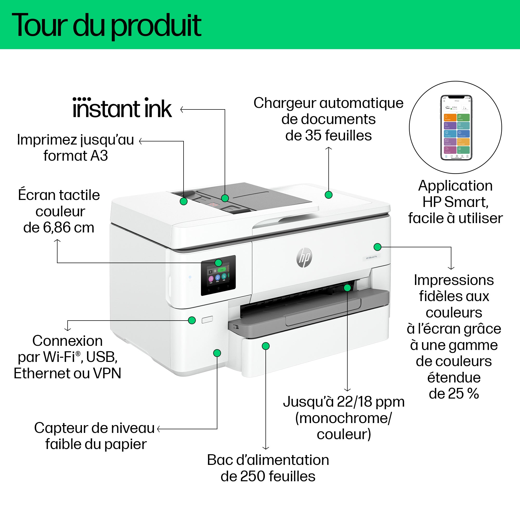 HP OfficeJet Pro 9720e Sans fil All-in-One Couleur Imprimante, Impression recto-verso; copieur, scanner