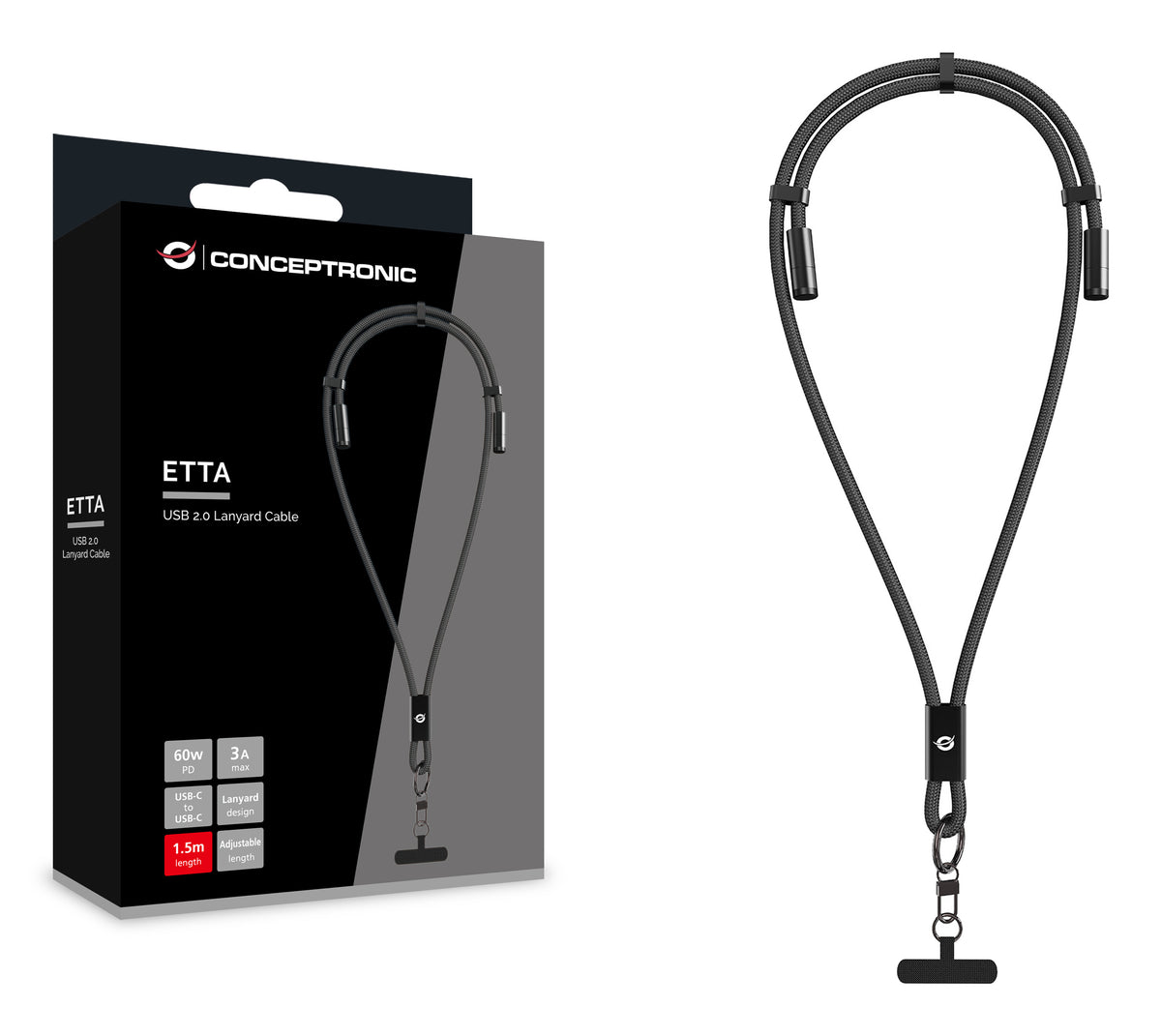Conceptronic ETTA12B15 câble USB USB 2.0 1,5 m USB C 0,48 Gbit/s 60 W Noir