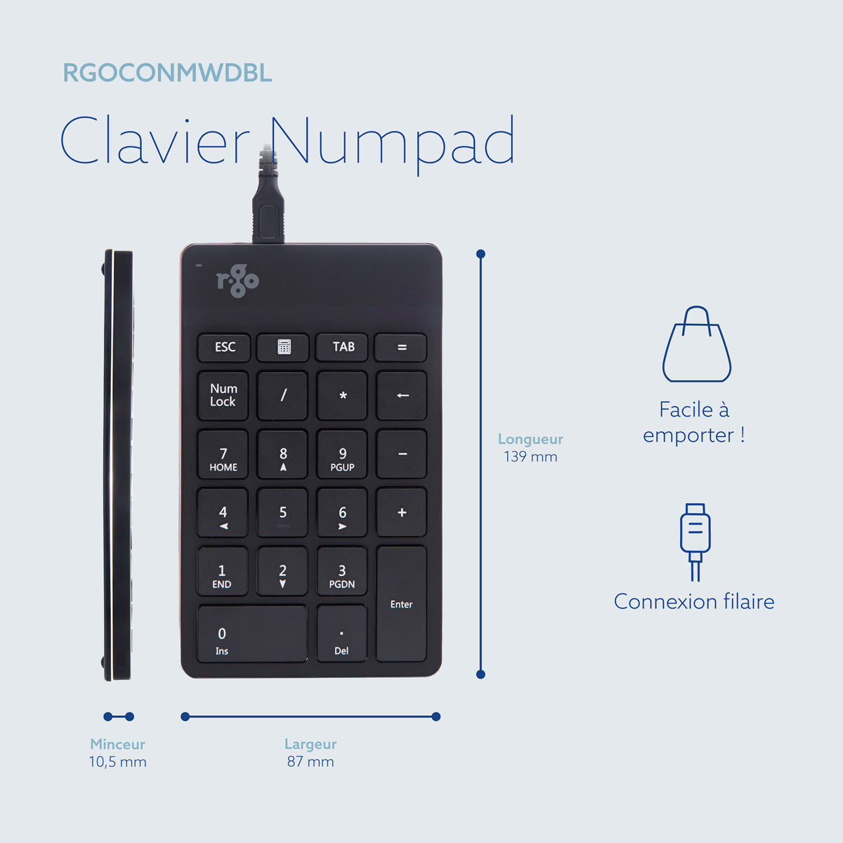 R-Go Tools Clavier R-Go Numpad Break, clavier numérique ergonomique avec logiciel de pause, filaire, noir