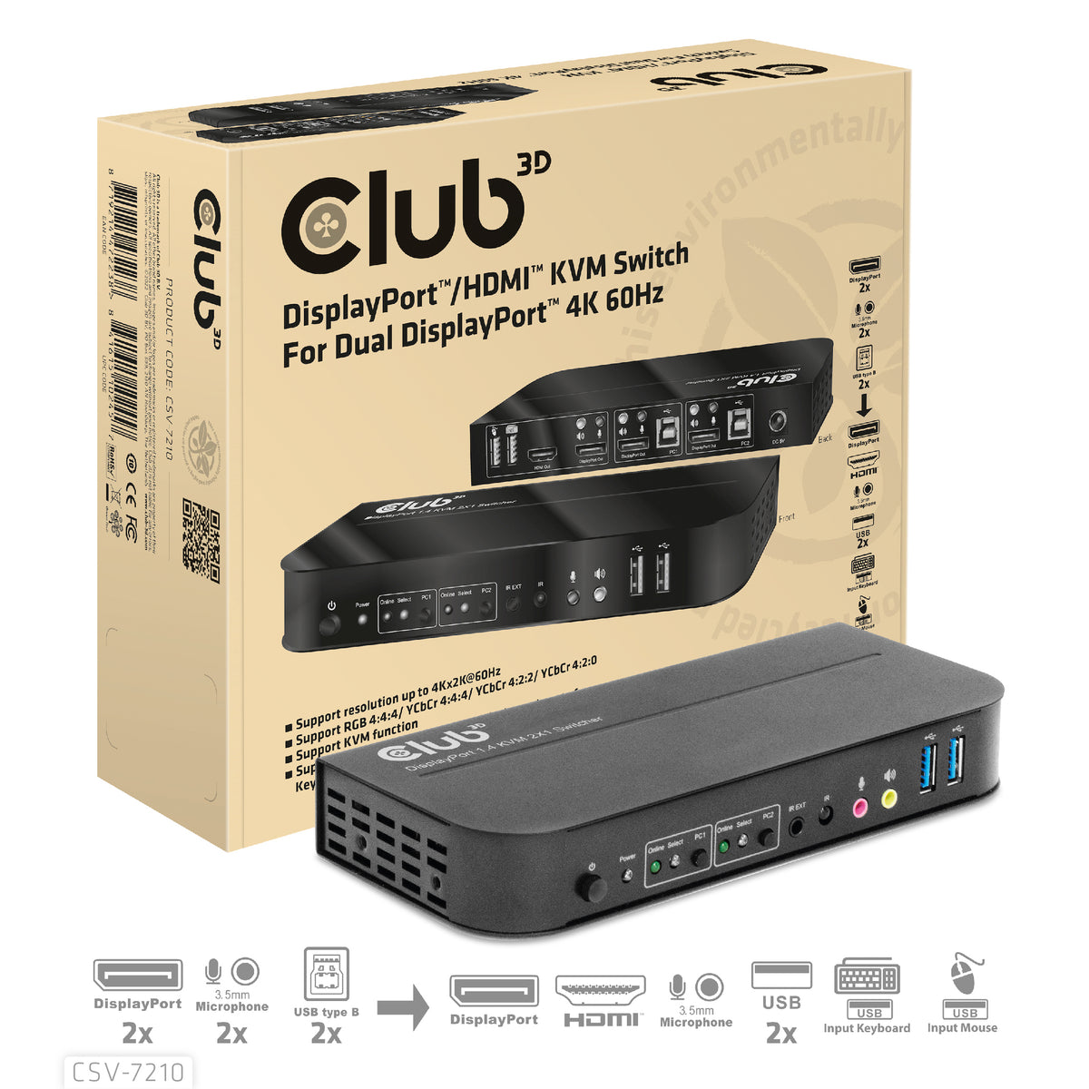 CLUB3D CSV-7210 Commutateur KVM Écran, Clavier et Souris, 4K Ultra HD, Noir